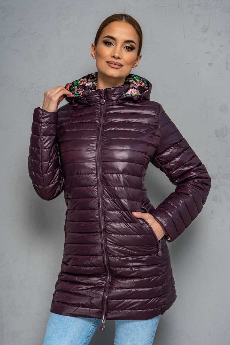 Geaca lunga FLOWER cu doua fete - Mov Pruna - Geaca Groasa -B WEAR RO