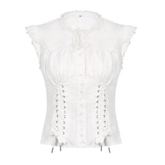 Ruffle cap sleeve lace up ruched corset button top