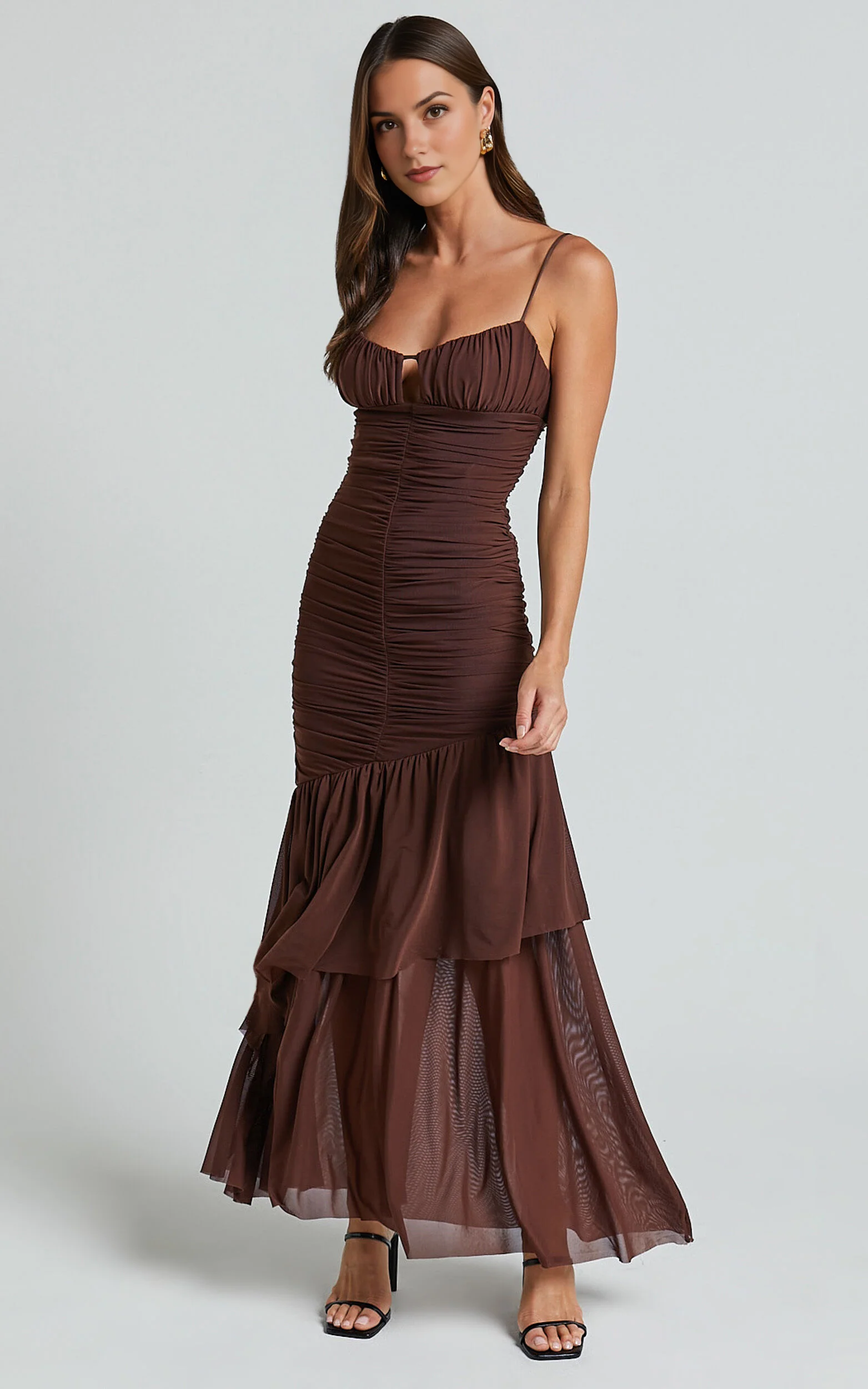 Harlene Maxi Dress – Chocolate Mesh Ruched Frill Hem Gown with V-Neckline