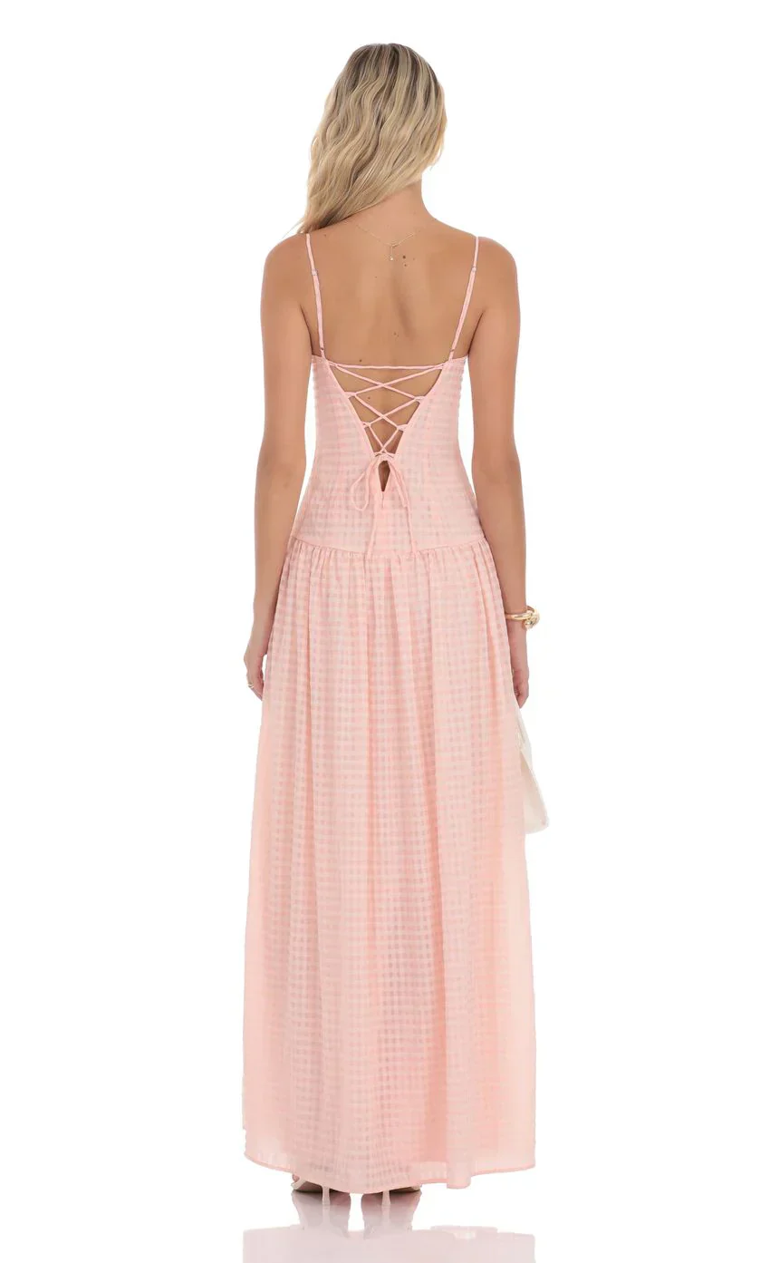 Plaid Drop Waist Maxi Dress in Pink