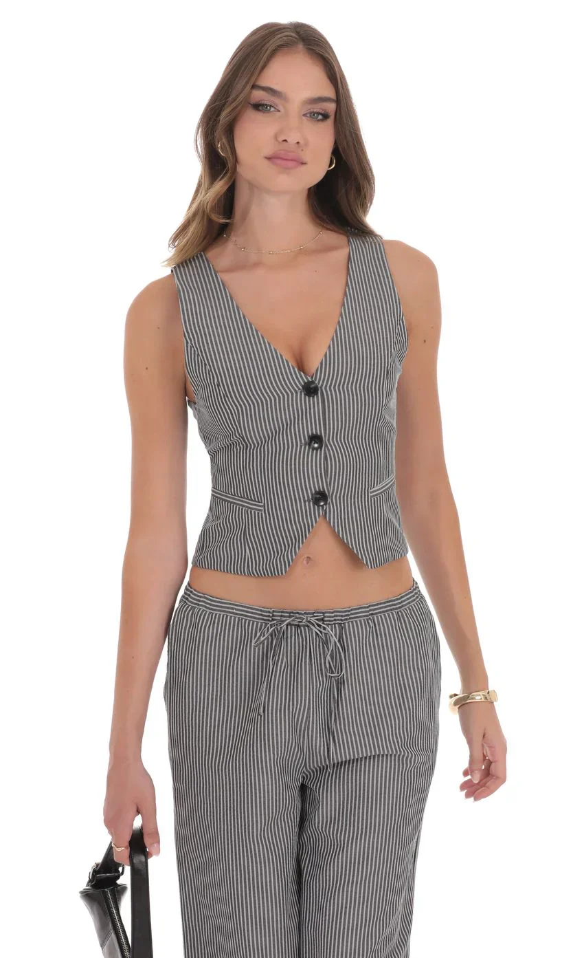 Pinstripe Buttoned Vest in Grey