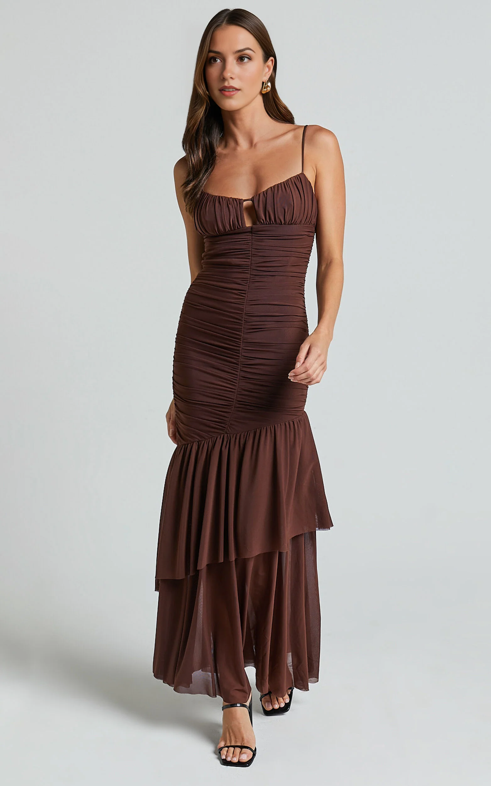 Harlene Maxi Dress – Chocolate Mesh Ruched Frill Hem Gown with V-Neckline