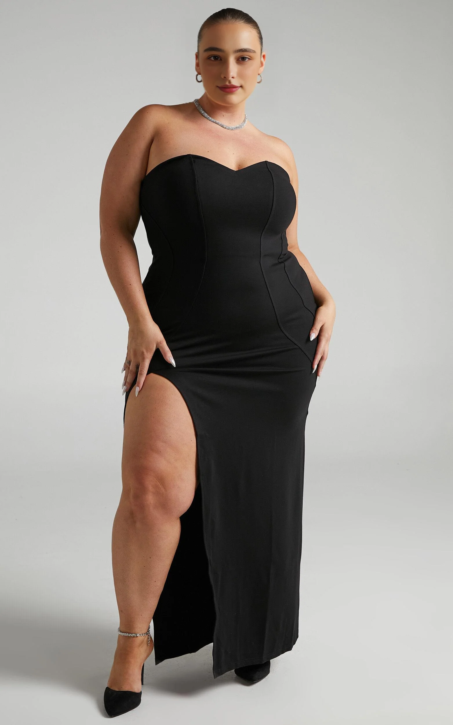Panelled Thigh Split Strapless Maxi Dress in Black