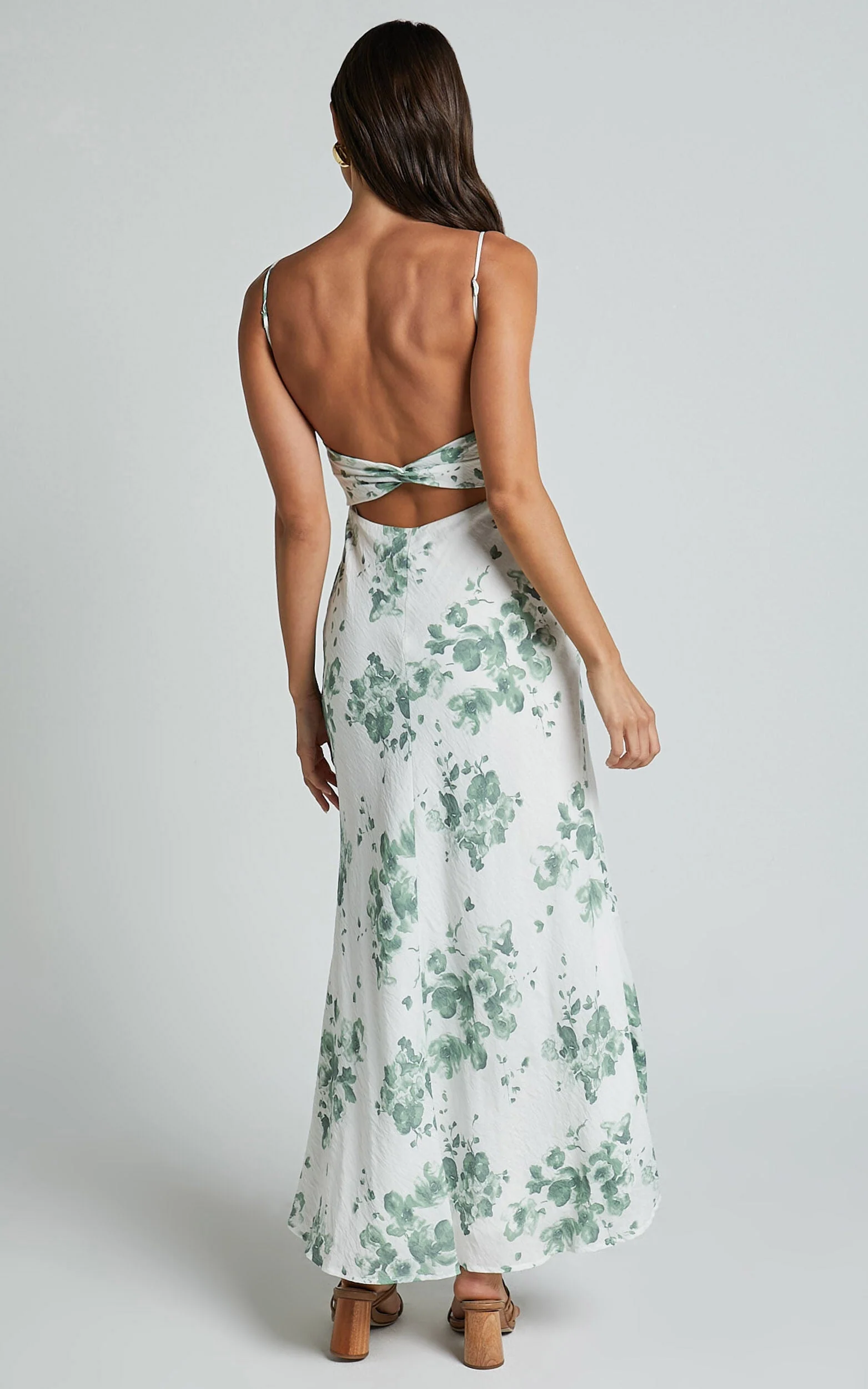 Bettina Midi Dress – Green & White Printed Slip Dress with Ruched Bust & Strappy Detail