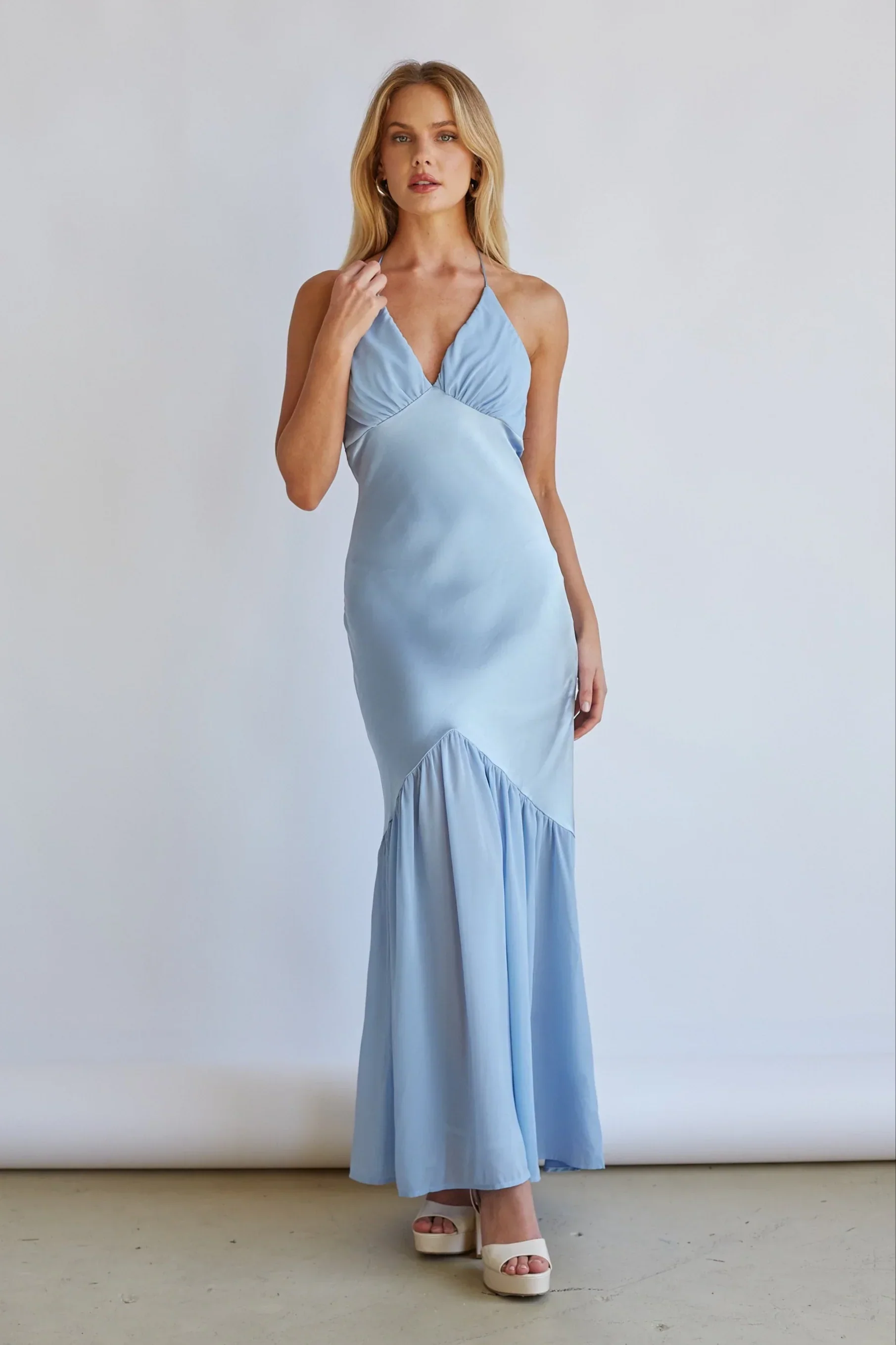 Lucinda Halter V-Neck Open Back Satin Midi Dress