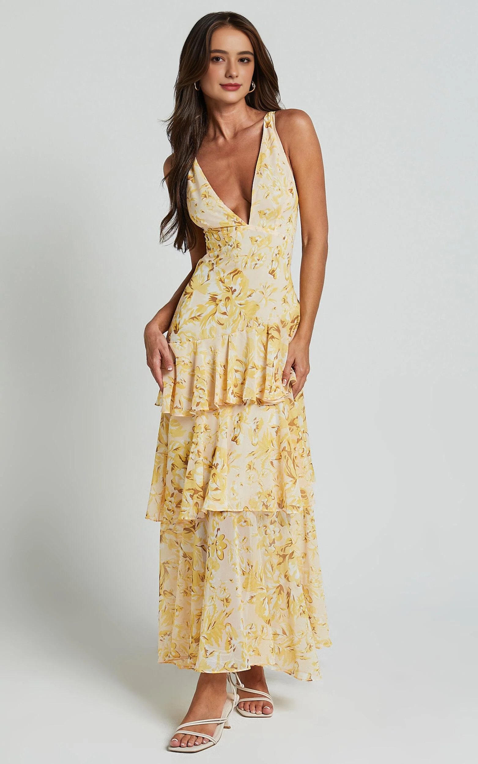 Floral Tiered Midi Dress - V-Neck Sleeveless Party Dress in Yellow