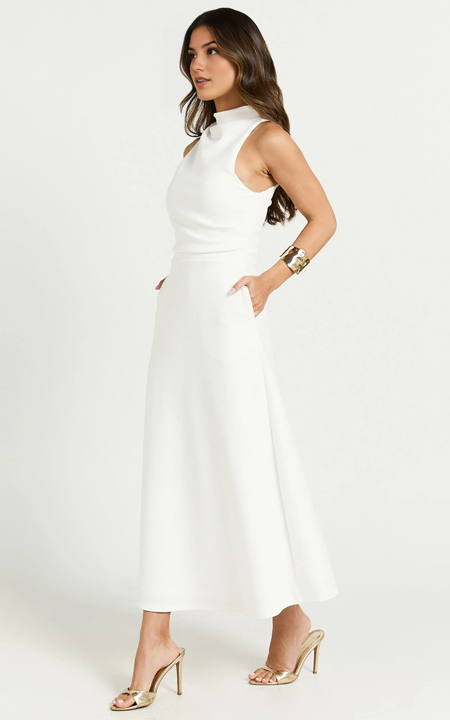 Macy Midi Dress – Sleeveless High-Neck A-Line Dress in Off White