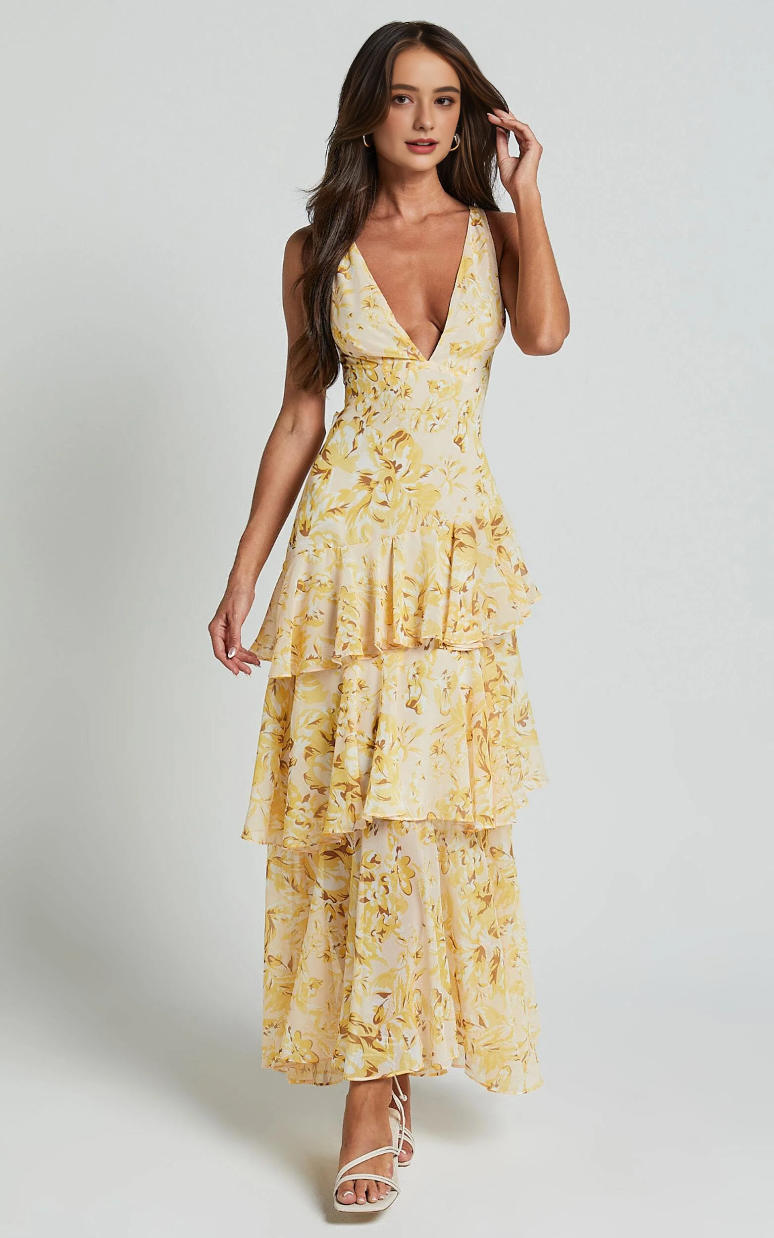 Floral Tiered Midi Dress - V-Neck Sleeveless Party Dress in Yellow