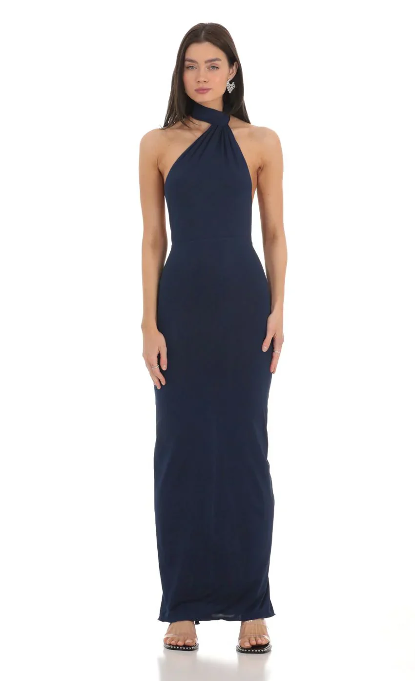 One Shoulder Scarf Strap Maxi Dress in Navy