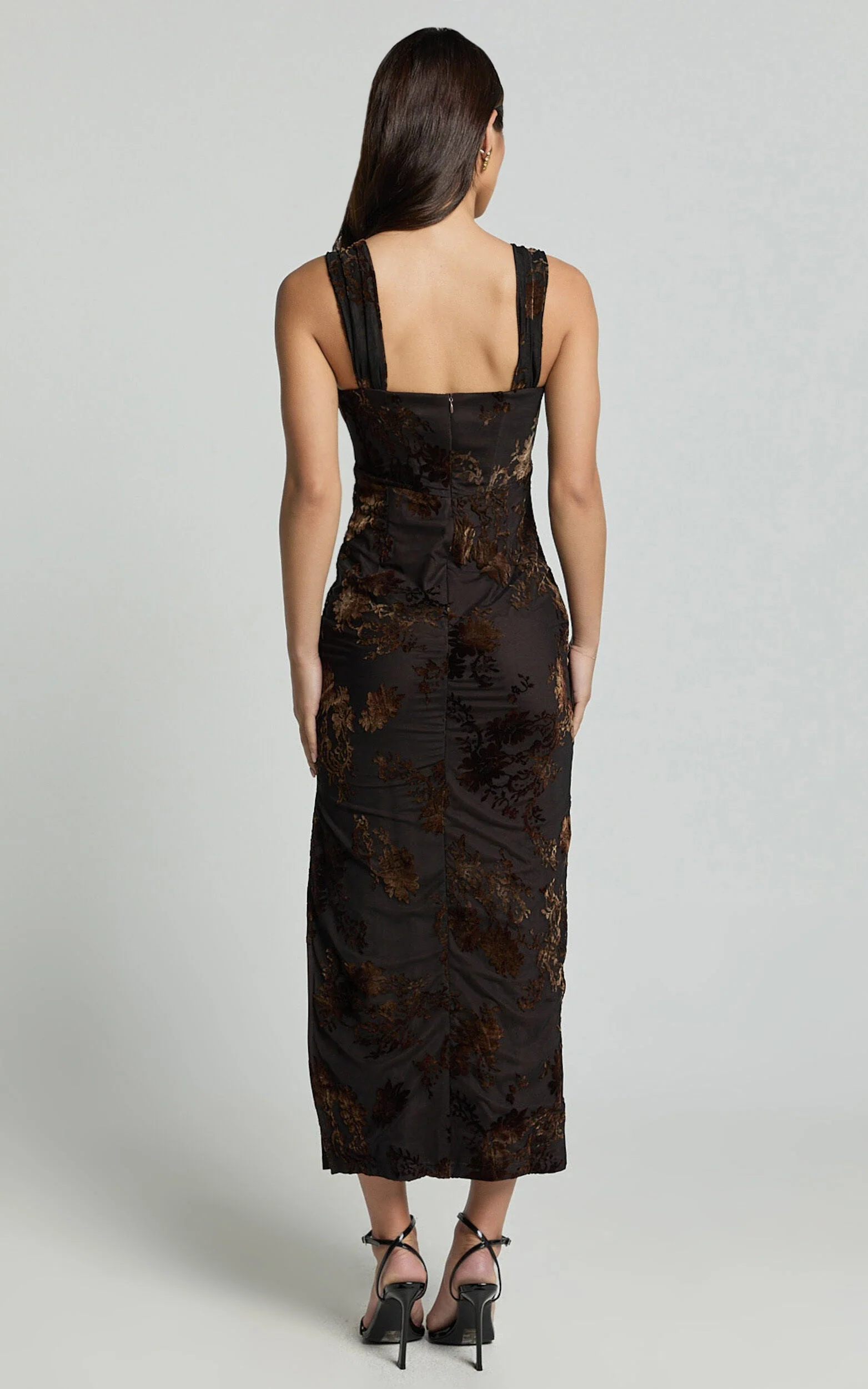 Ruched Corset Burnout Midi Dress in Black and Brown