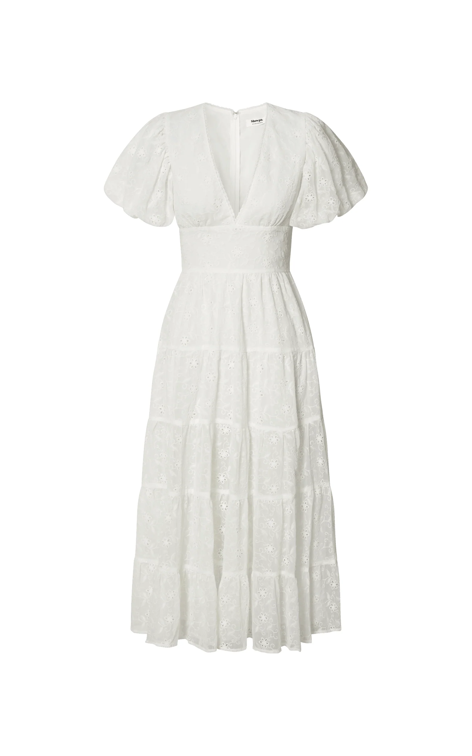 Divora Midi Dress – Ivory Tiered A-Line Dress with Plunge Neck & Balloon Sleeves