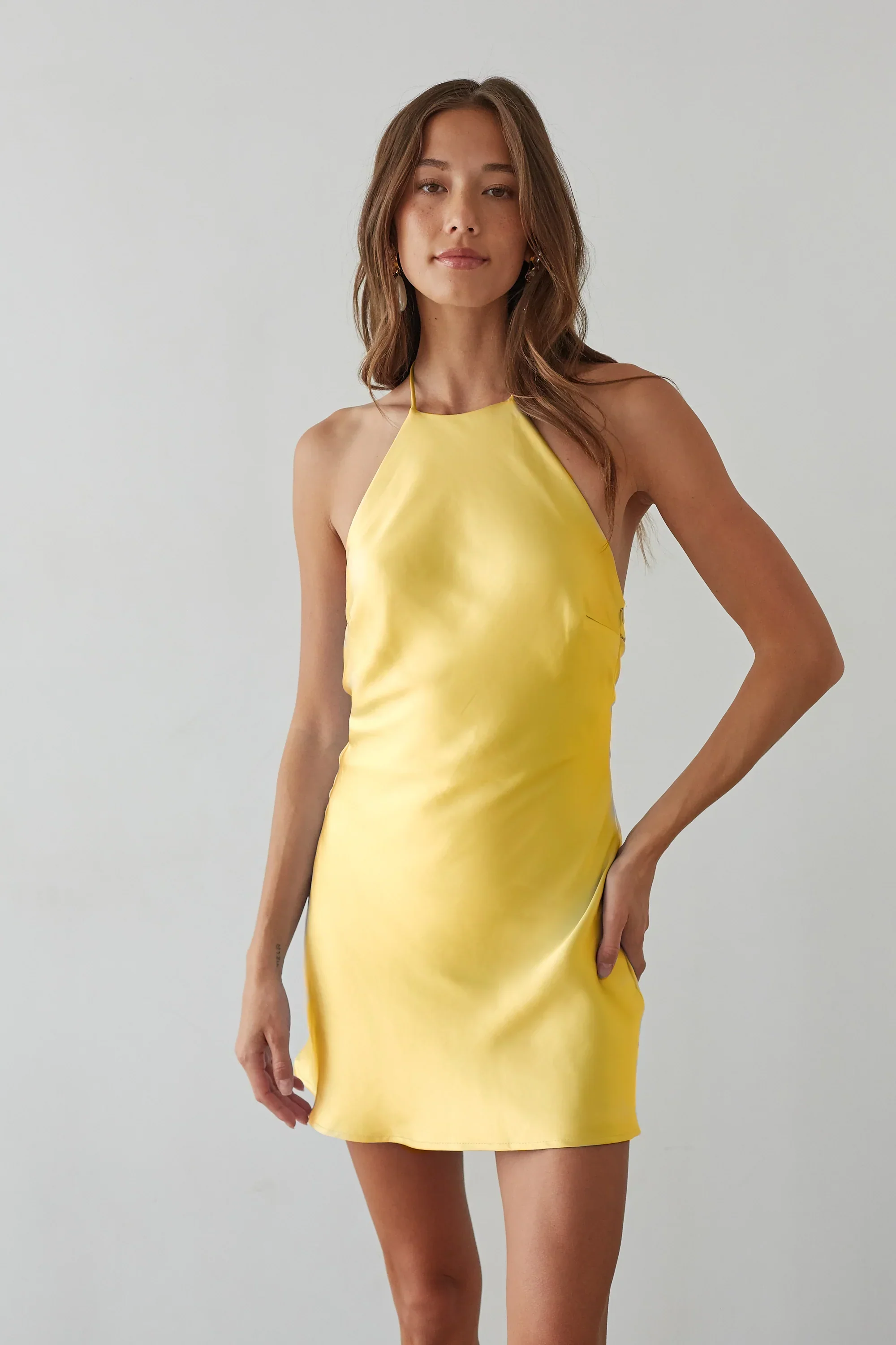 Arella Halter Coquette Satin Mini Dress