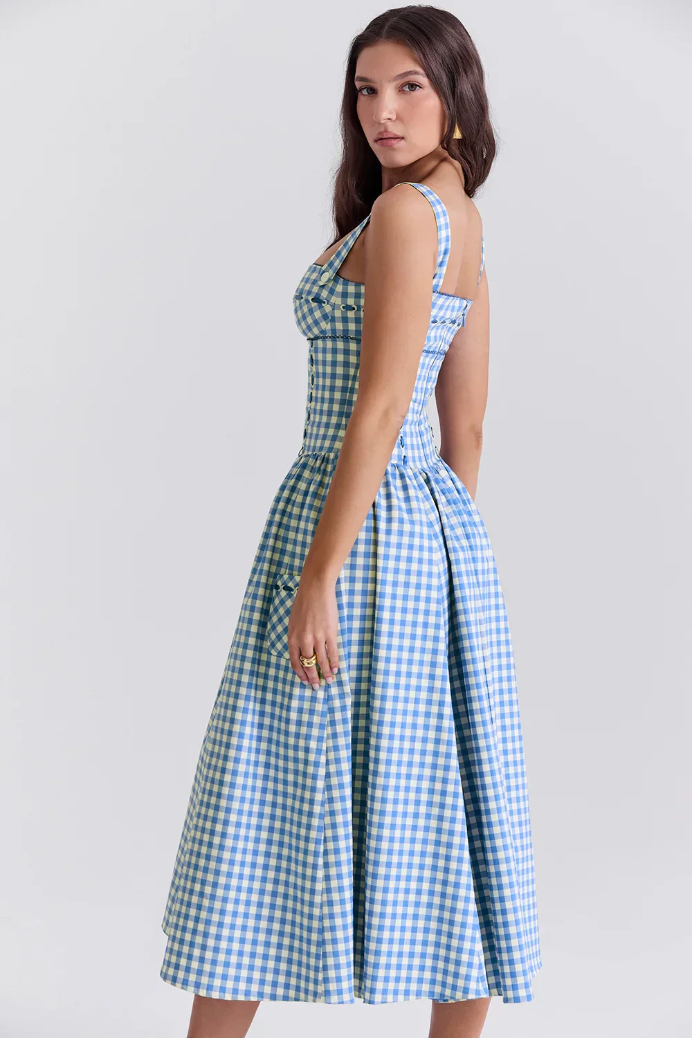 Charming Gingham Midi Dress with Pockets