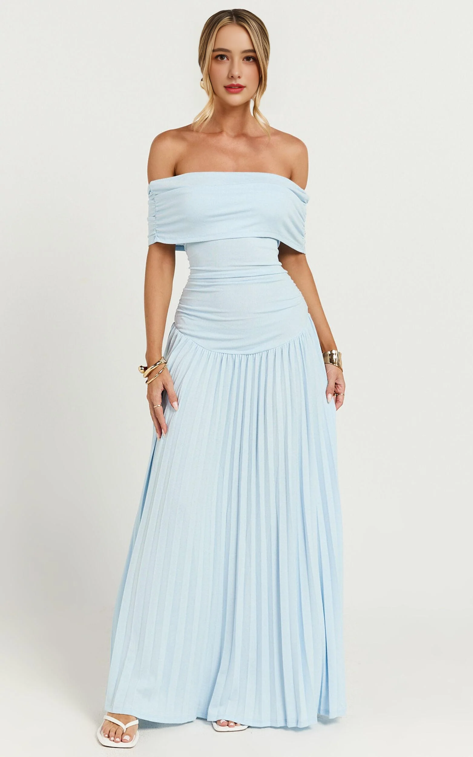 Off The Shoulder Maxi Shift Dress in Soft Blue