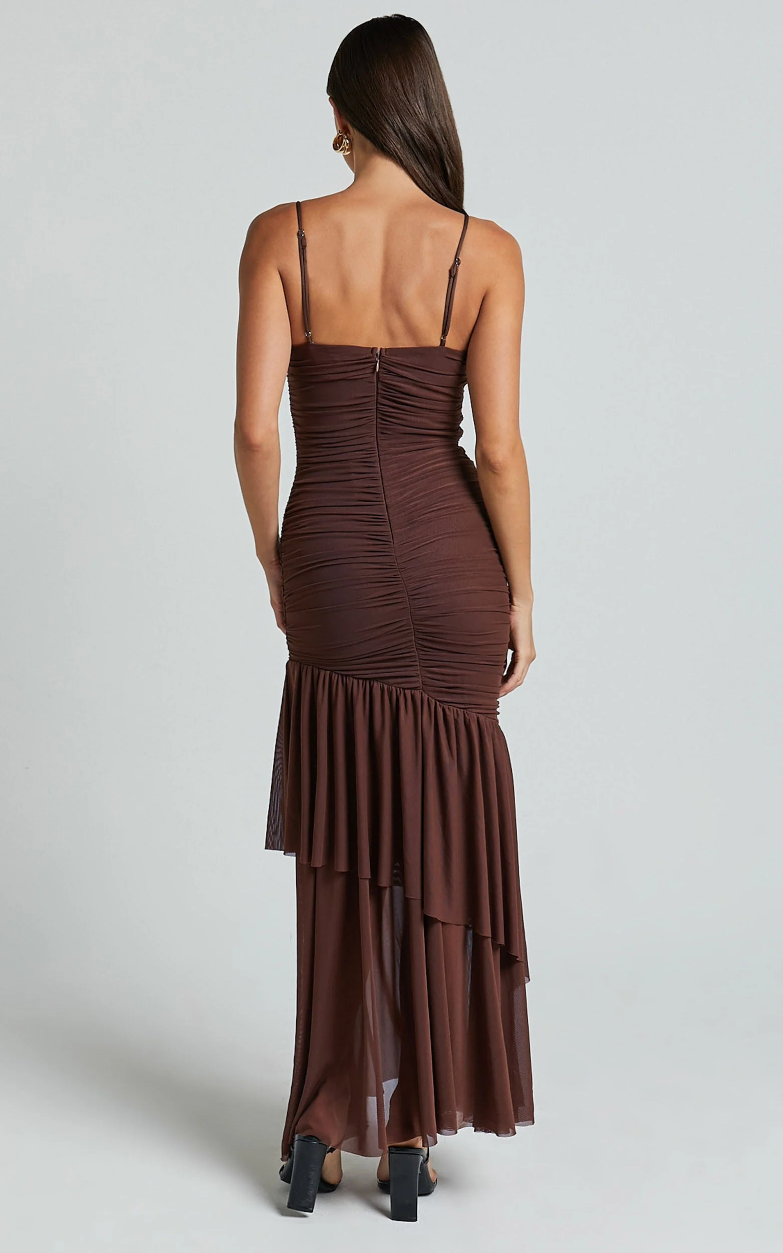 Harlene Maxi Dress – Chocolate Mesh Ruched Frill Hem Gown with V-Neckline