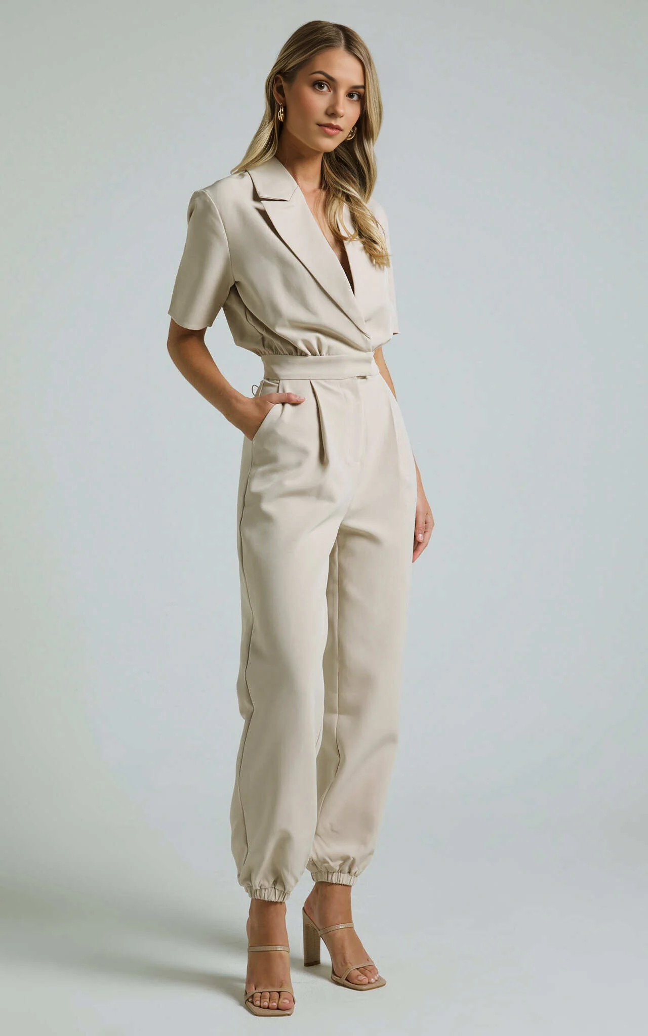 Coco Jumpsuit – Stone Collared Straight-Leg Utility Jumpsuit