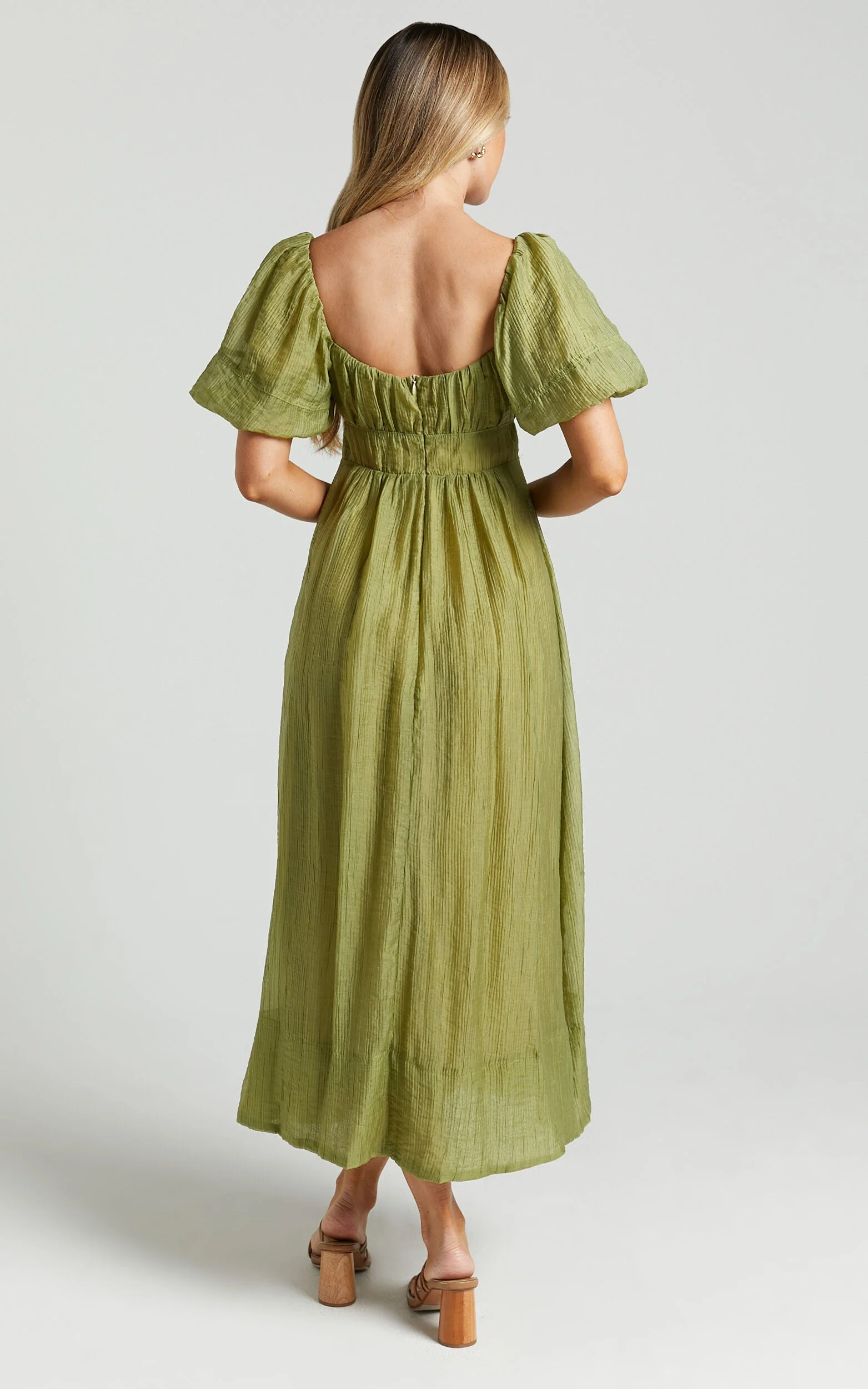 Roshina Midi Dress – Olive Straight Neck Puff Sleeve Dress