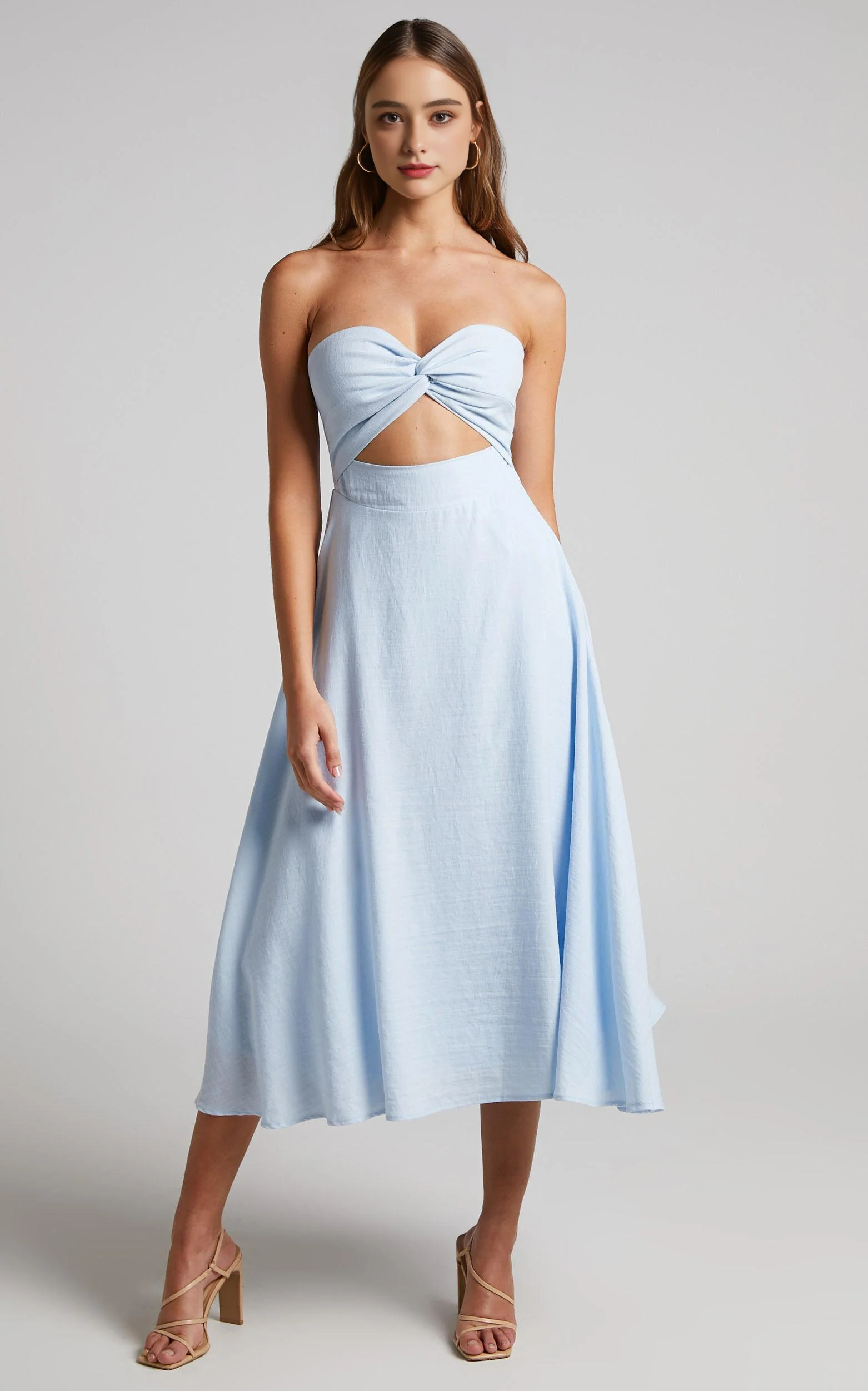 Twist Strapless Cocktail Midi Dress in Ice Blue