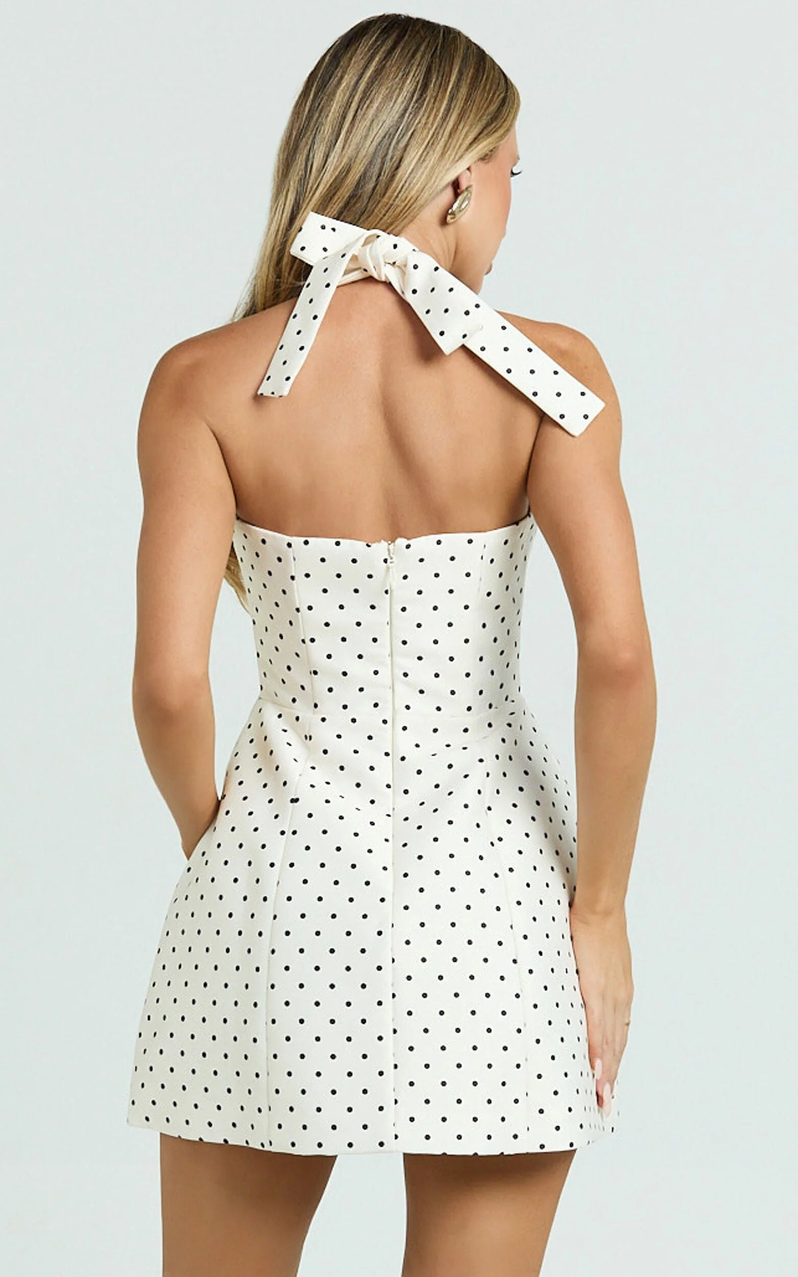 Dante Mini Dress – White Polkadot Halter Tie Flare Dress