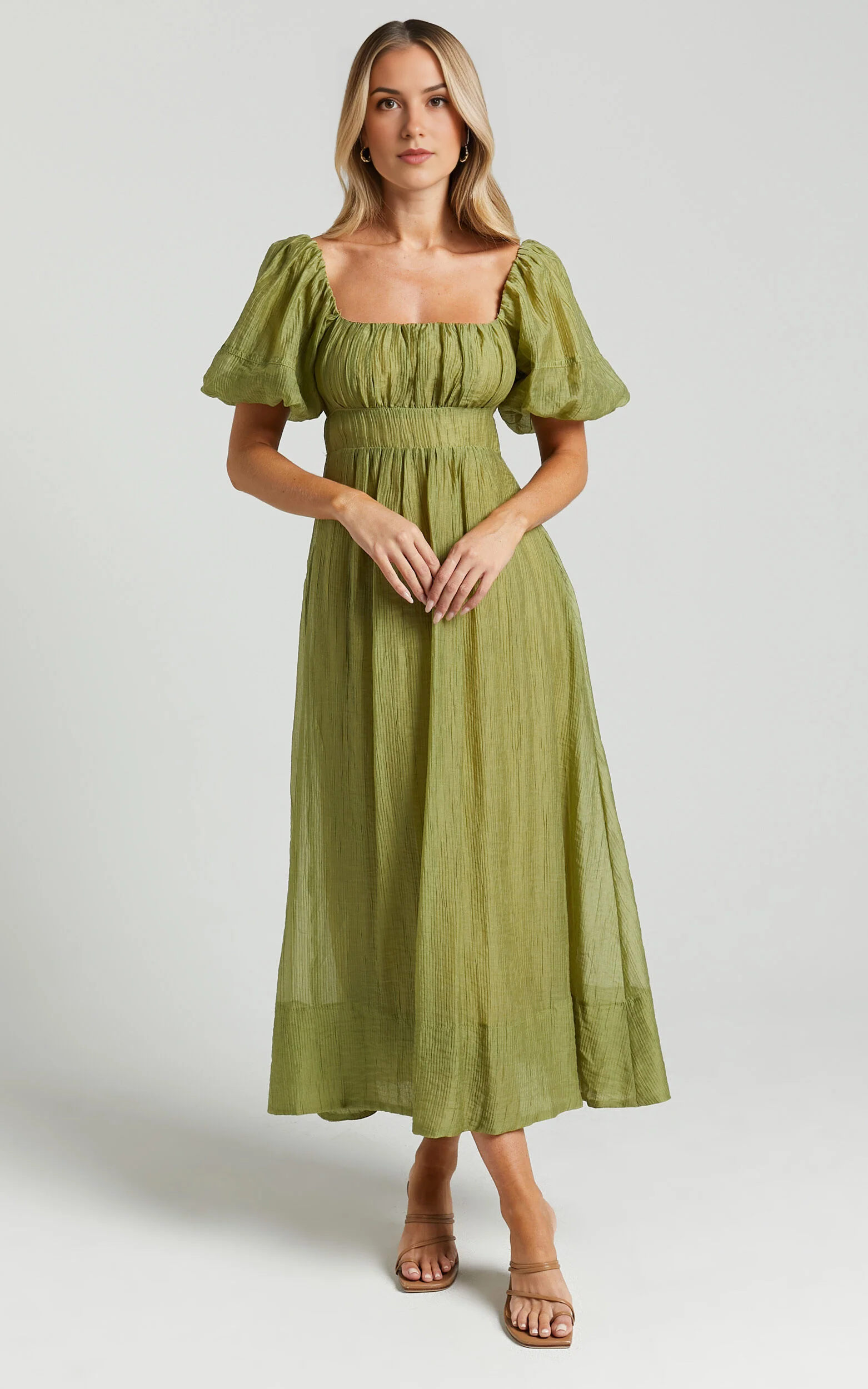 Roshina Midi Dress – Olive Straight Neck Puff Sleeve Dress