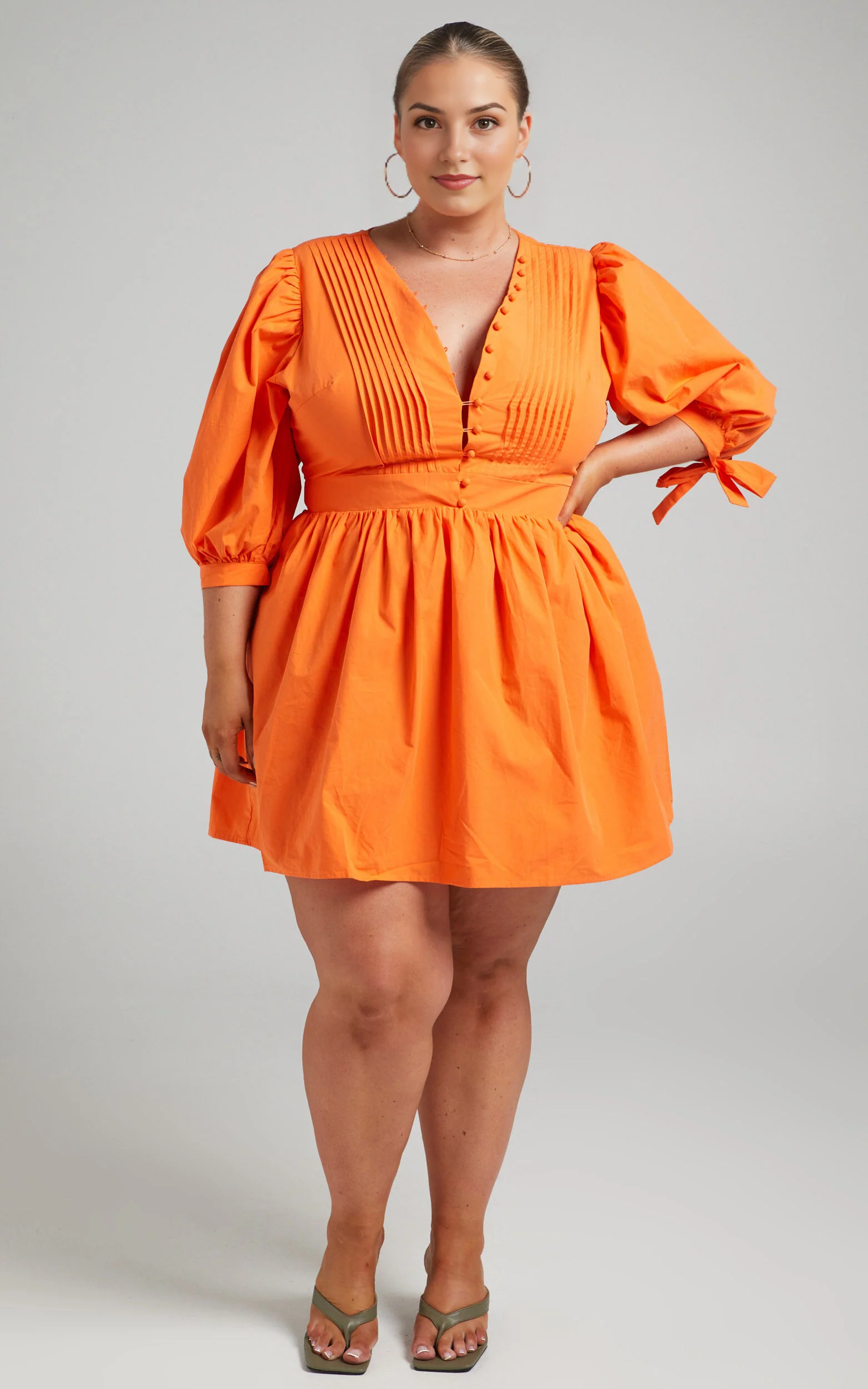 Zandra Mini Dress – Orange Puff Sleeve Fit & Flare Poplin Dress