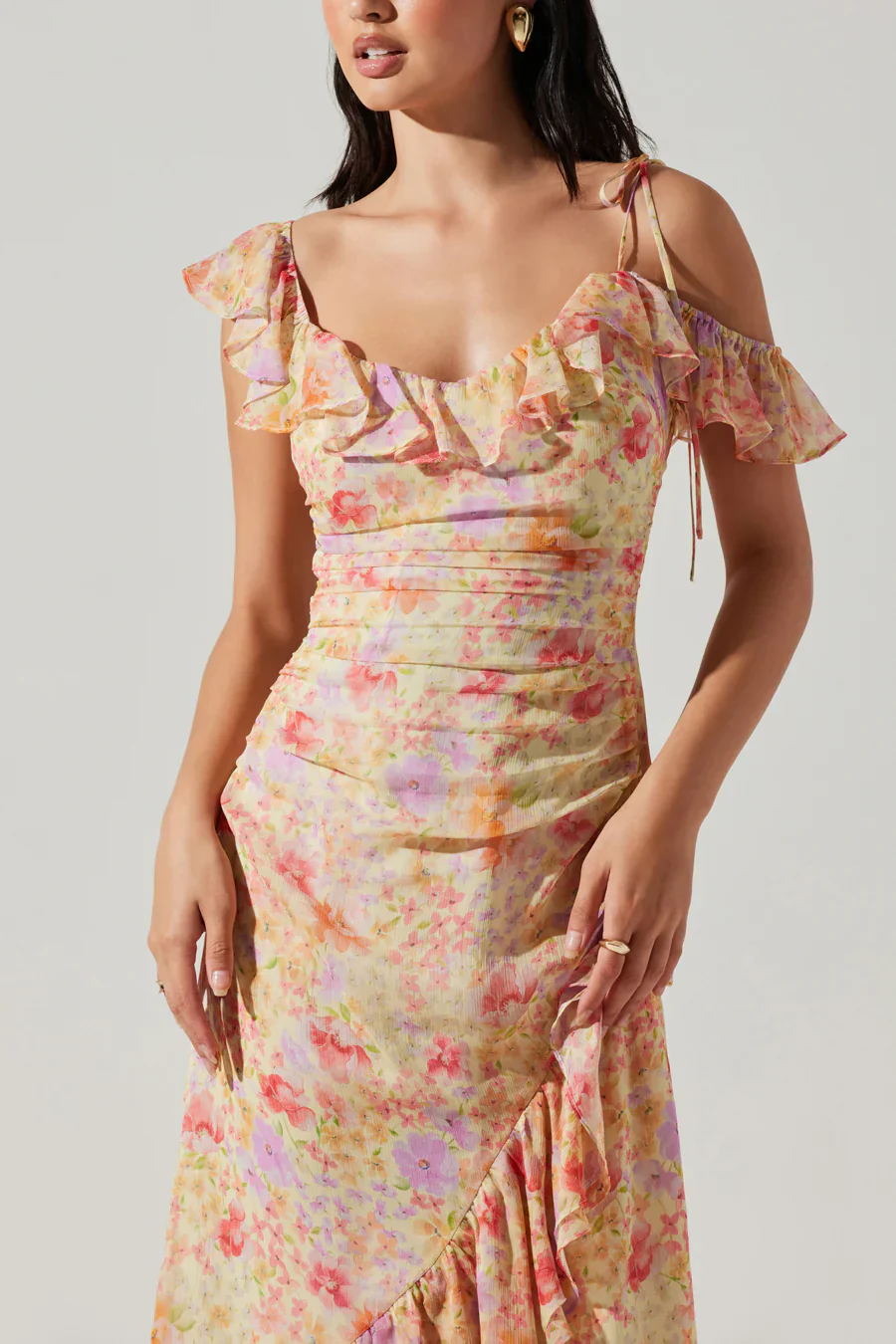 ASTR Luvita Floral Ruffle Chiffon Midi Dress