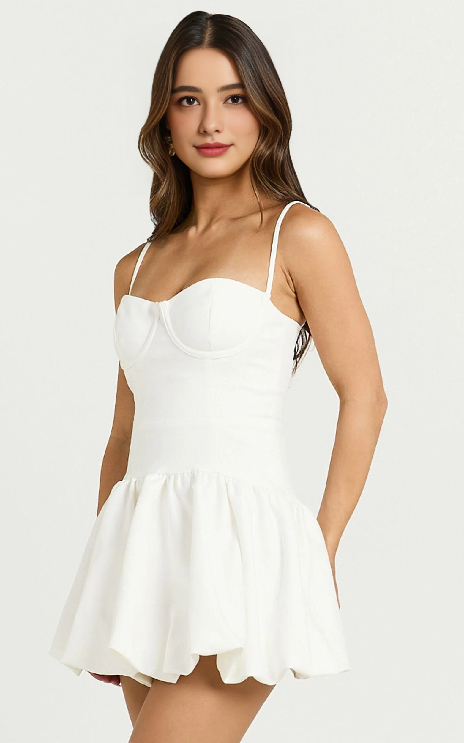 Textured Drop Waist Bubble Hem Mini Dress in Off White