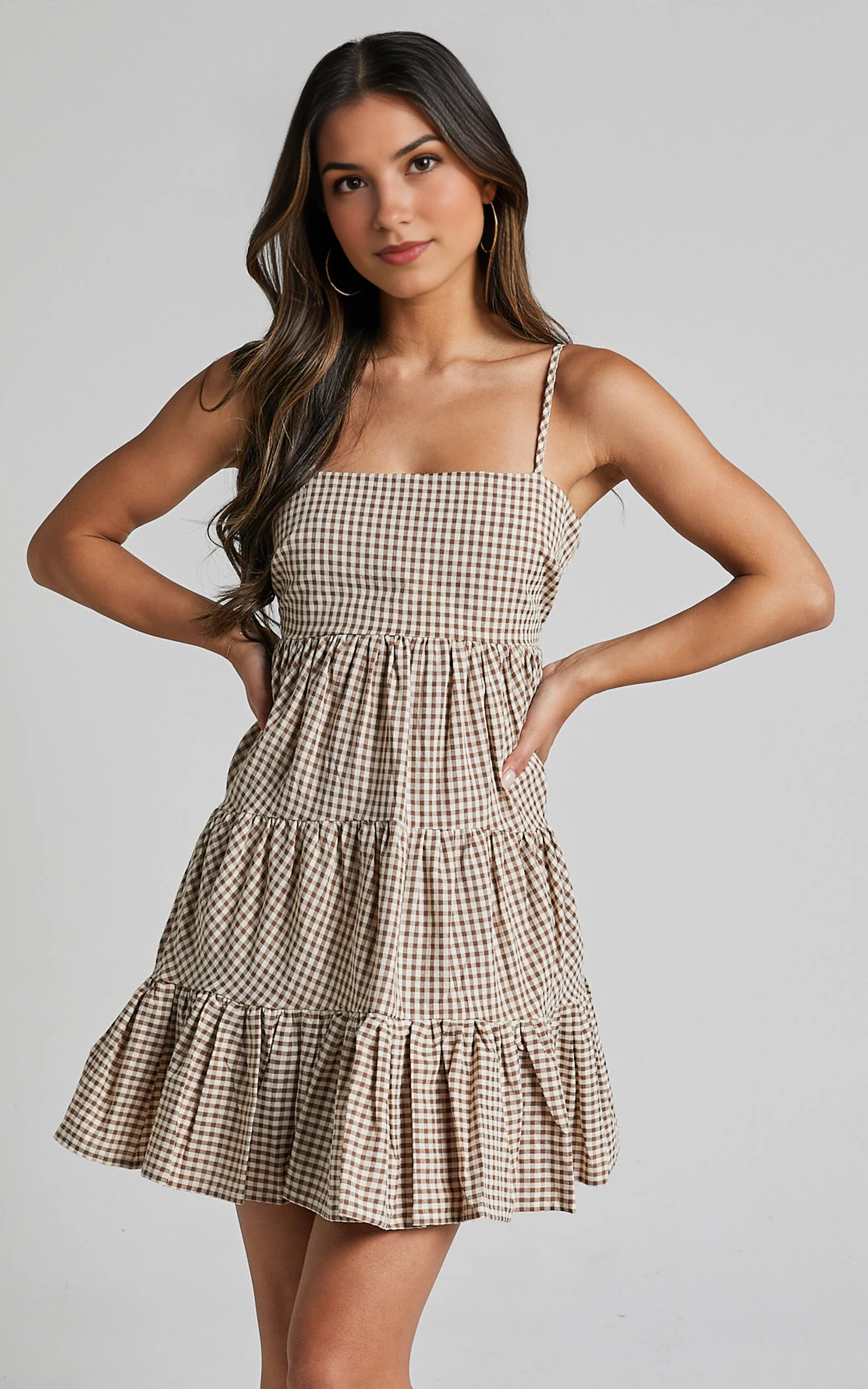 Lorelle Mini Dress – Brown Gingham Tiered Sleeveless Dress with Straight Neckline
