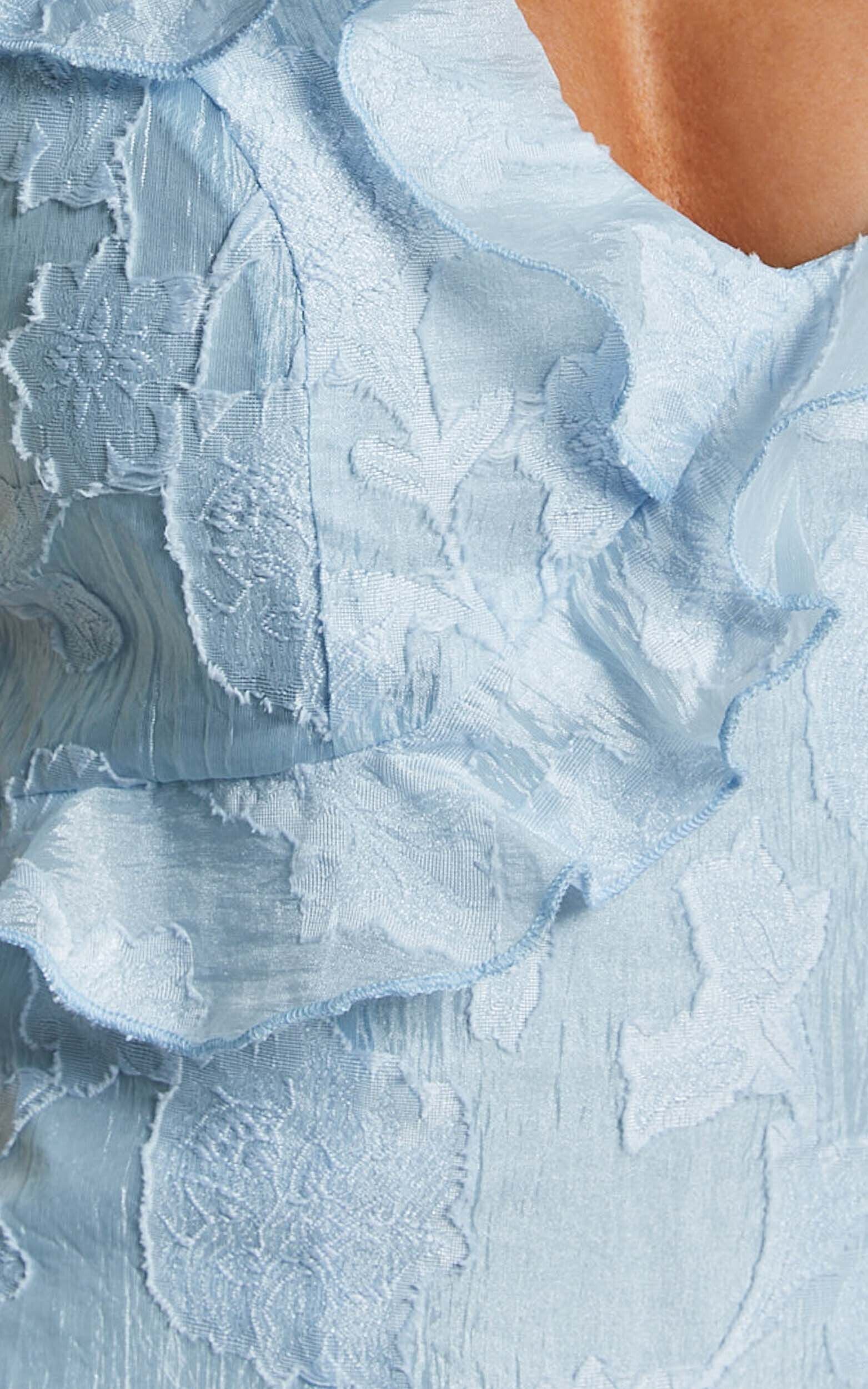 Jacquard Ruffle Tiered Midi Slip Dress in Light Blue