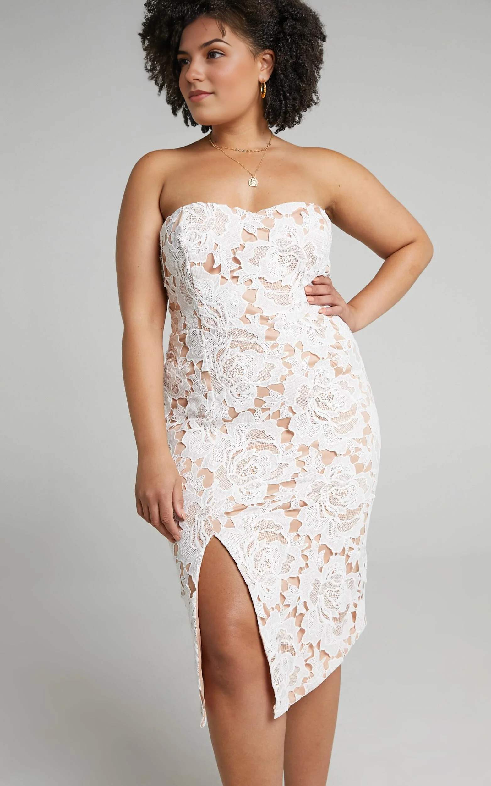 Lace To Lace Midi Dress – White Strapless Lace Bodycon with Side Split