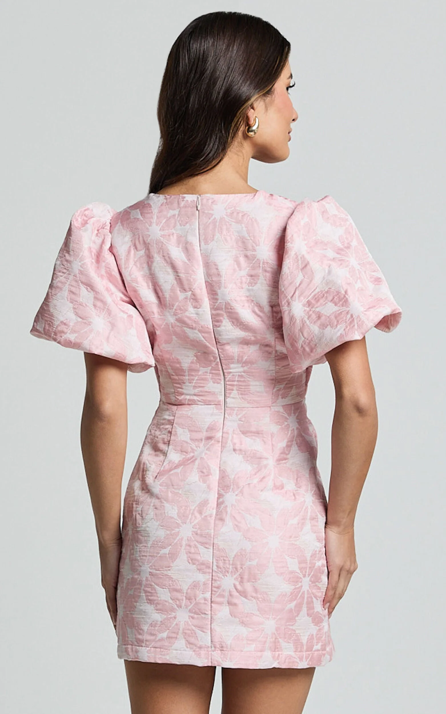 Diana Mini Dress - Jacquard Short Sleeve Cut Out Dress in Light Pink