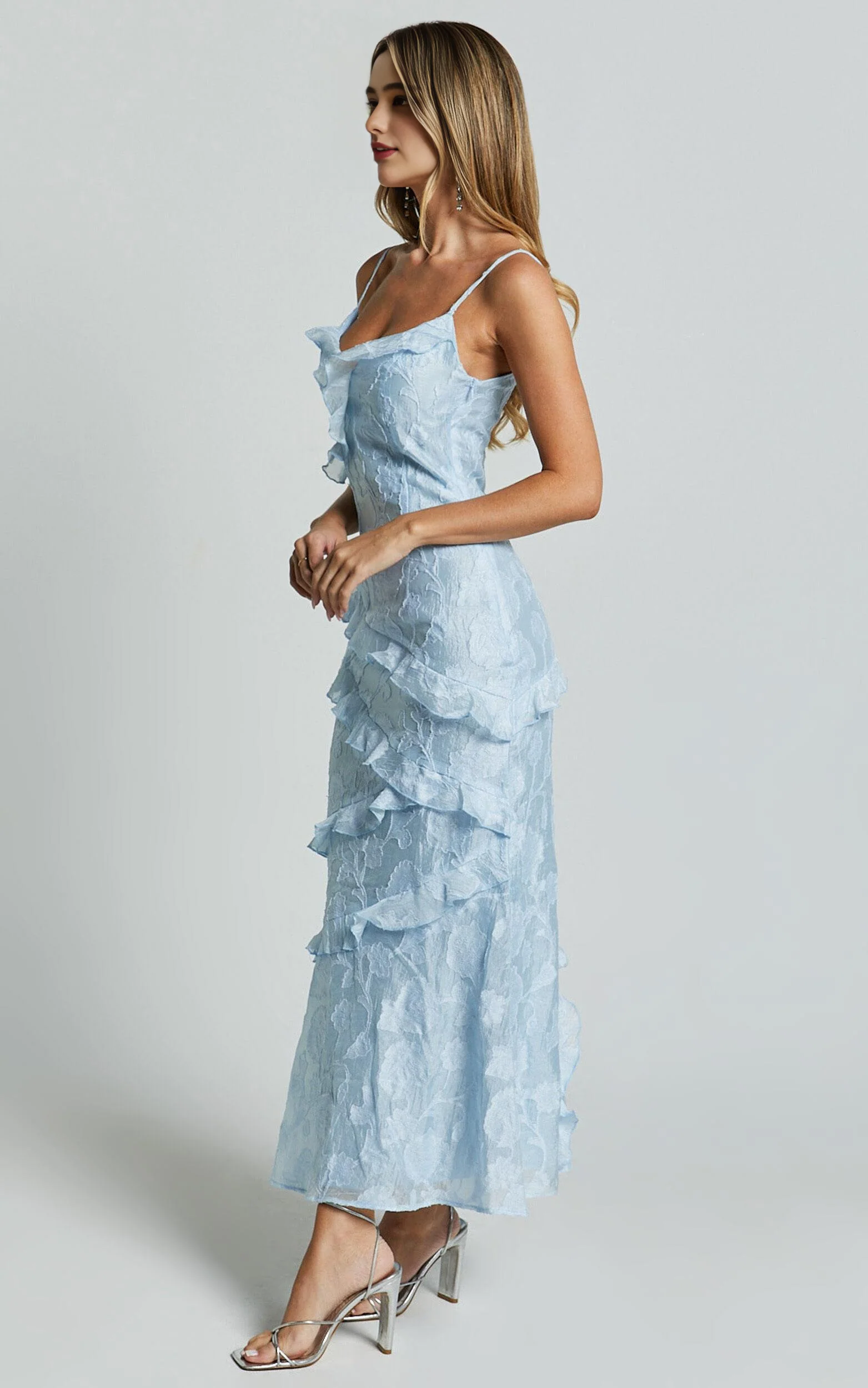 Jacquard Ruffle Tiered Midi Slip Dress in Light Blue