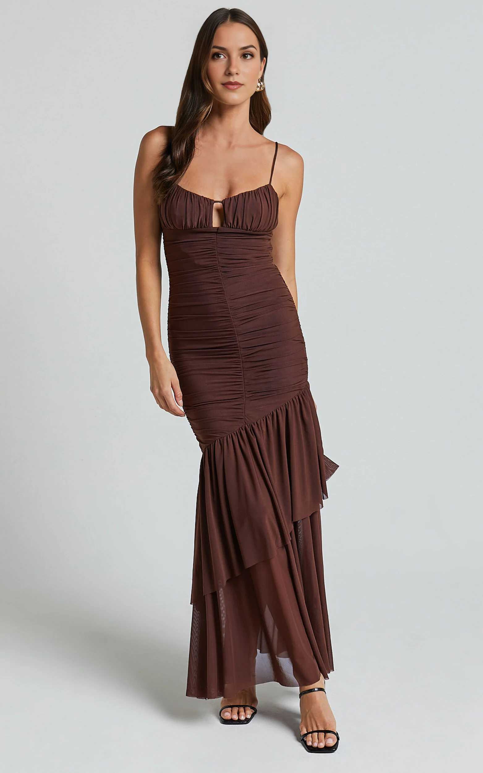 Harlene Maxi Dress – Chocolate Mesh Ruched Frill Hem Gown with V-Neckline