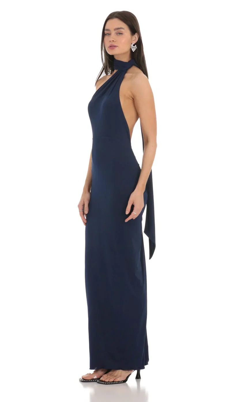 One Shoulder Scarf Strap Maxi Dress in Navy