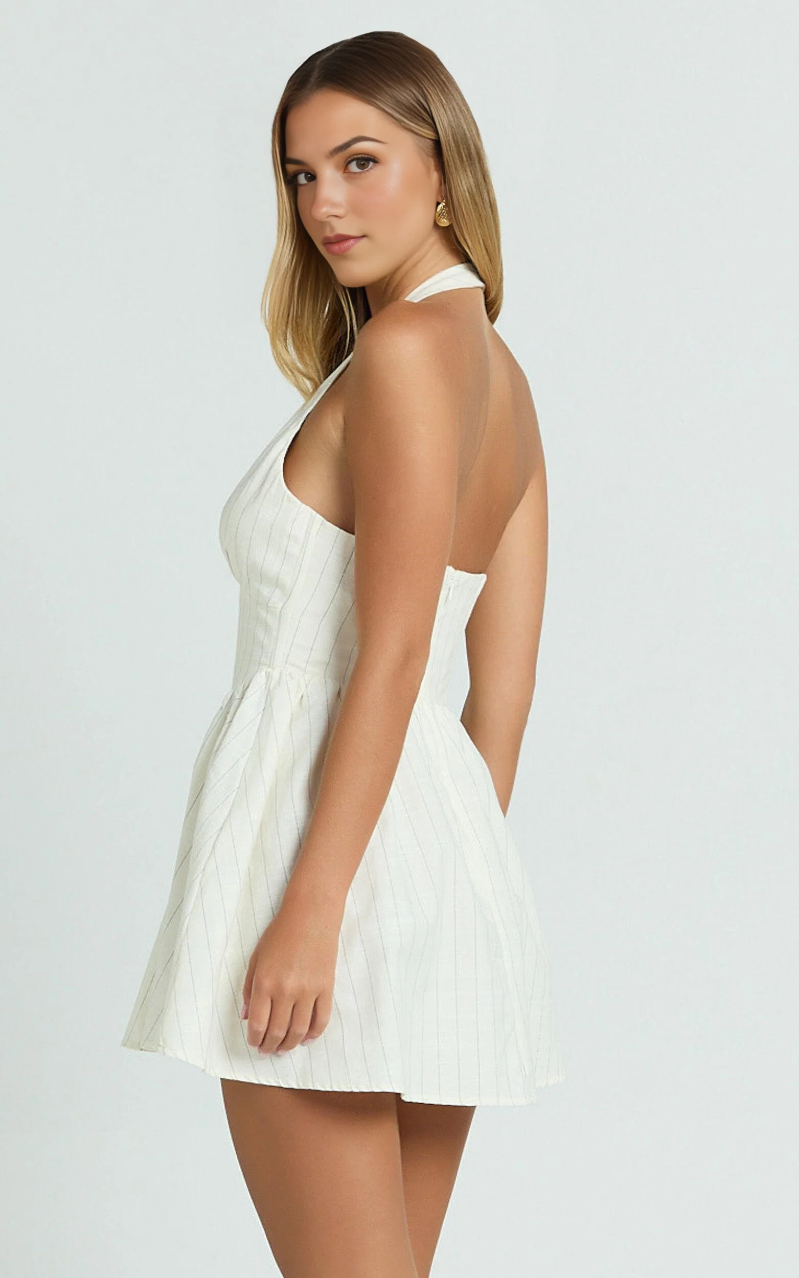 Halterneck Corset Waist Mini Dress with Gathered Skirt in Cream