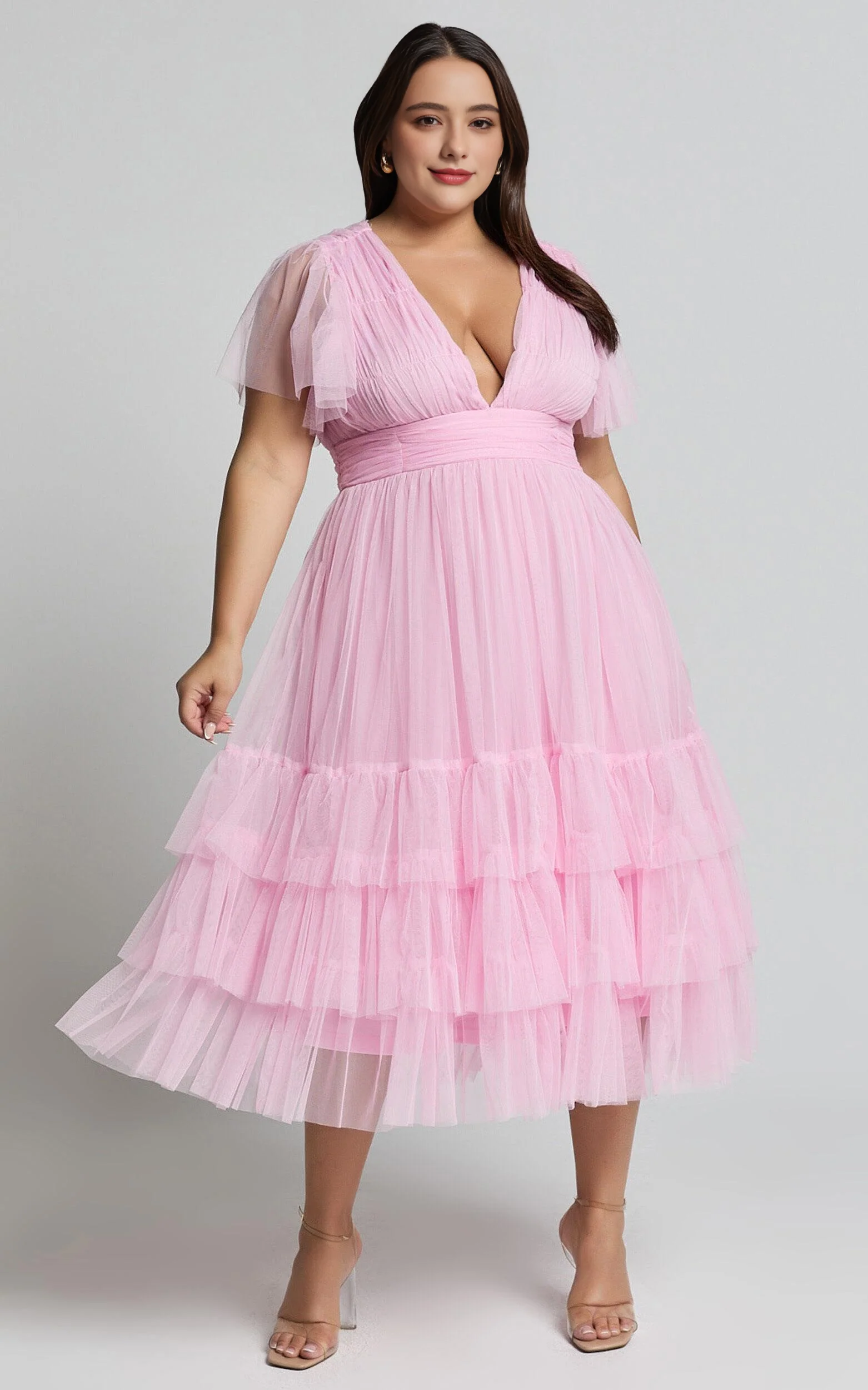 Flutter Sleeve Tulle Plunge Midi Dress in Ballet Pink