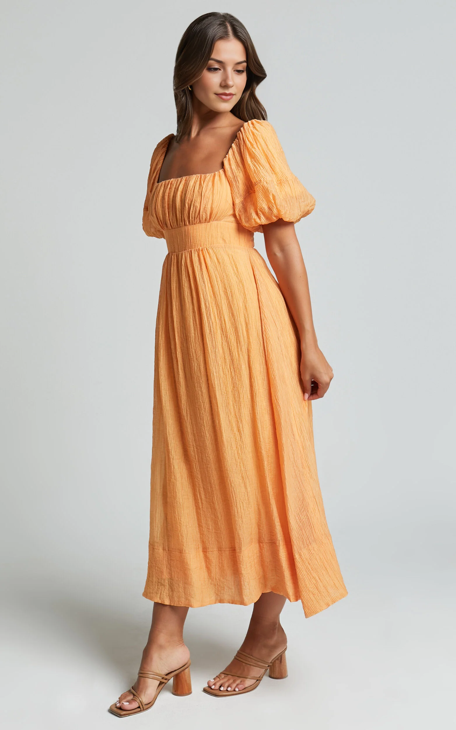 Roshina Midi Dress – Puff Sleeve Straight Neck Dress in Vibrant Orange