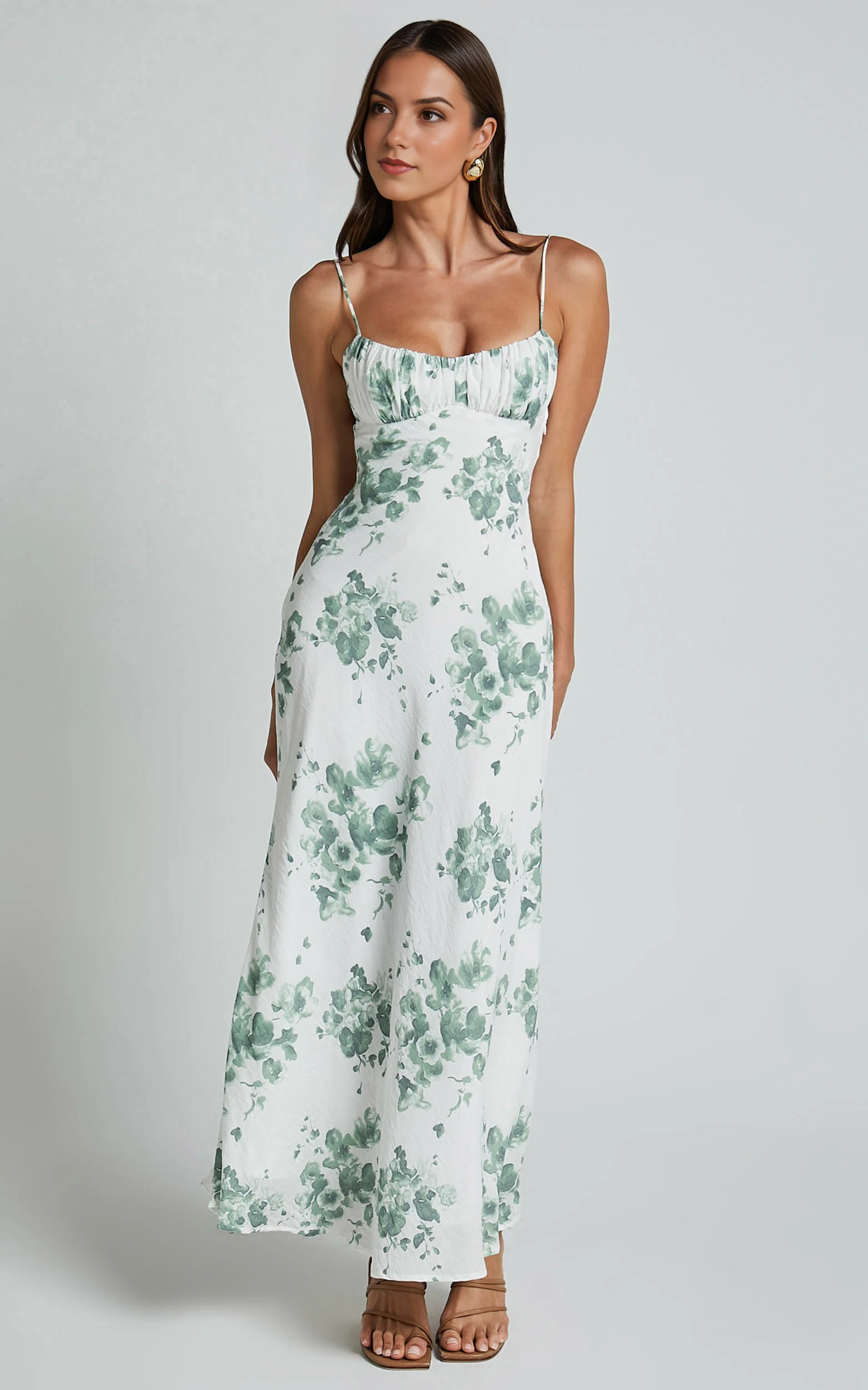 Bettina Midi Dress – Green & White Printed Slip Dress with Ruched Bust & Strappy Detail
