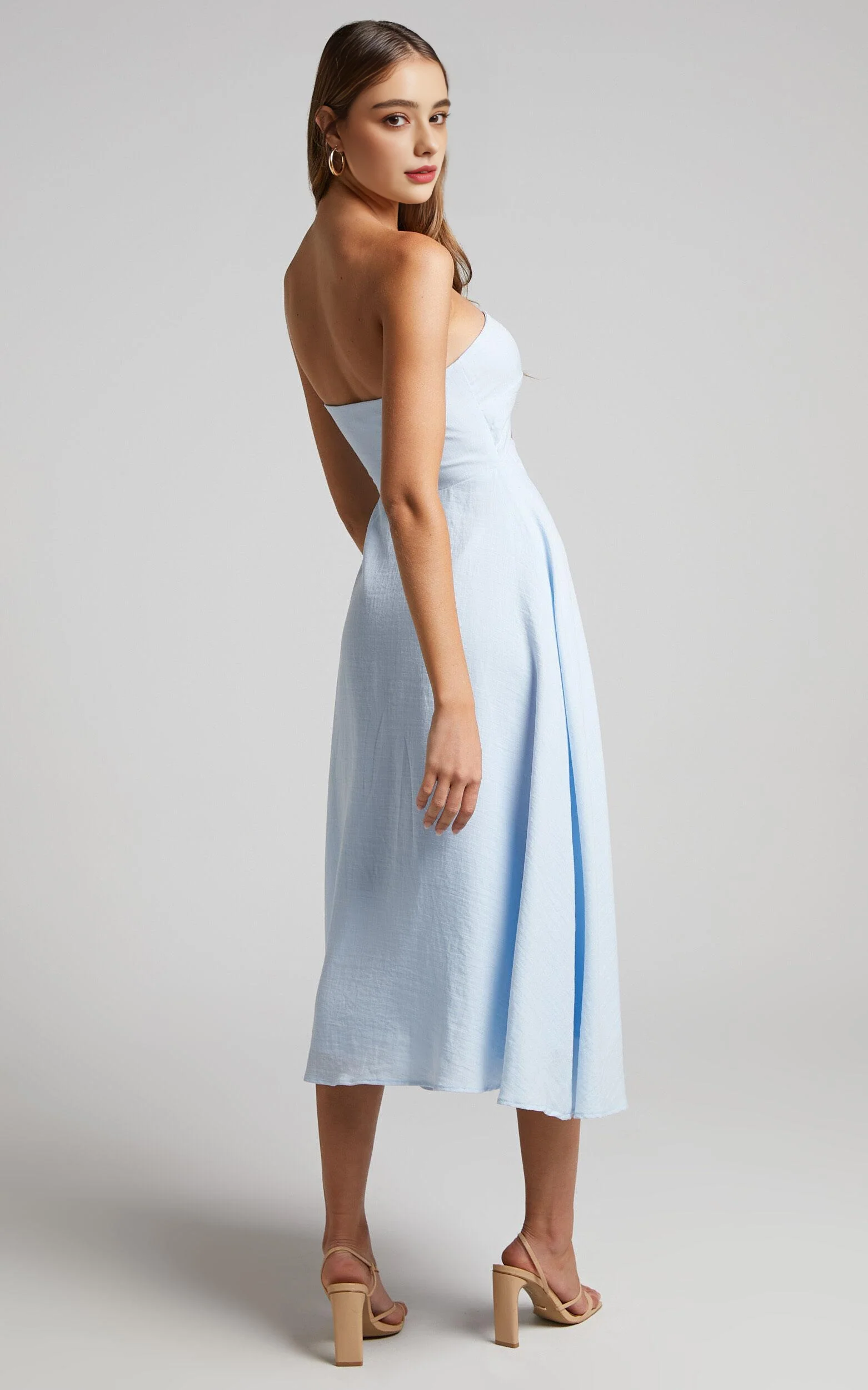 Twist Strapless Cocktail Midi Dress in Ice Blue