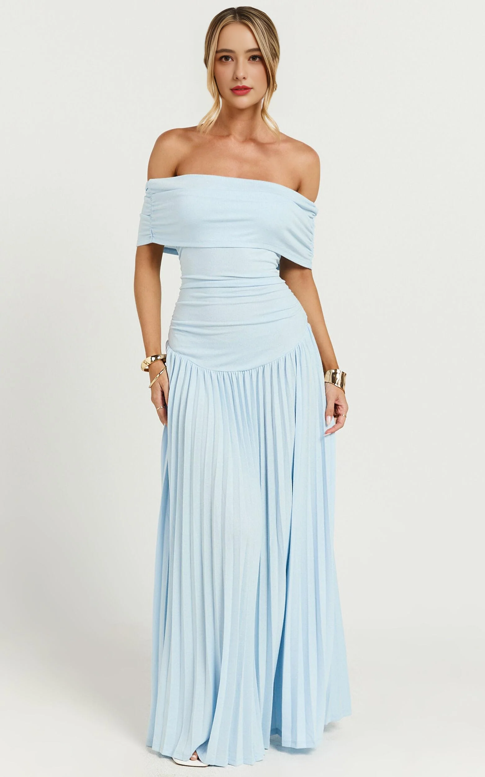 Off The Shoulder Maxi Shift Dress in Soft Blue