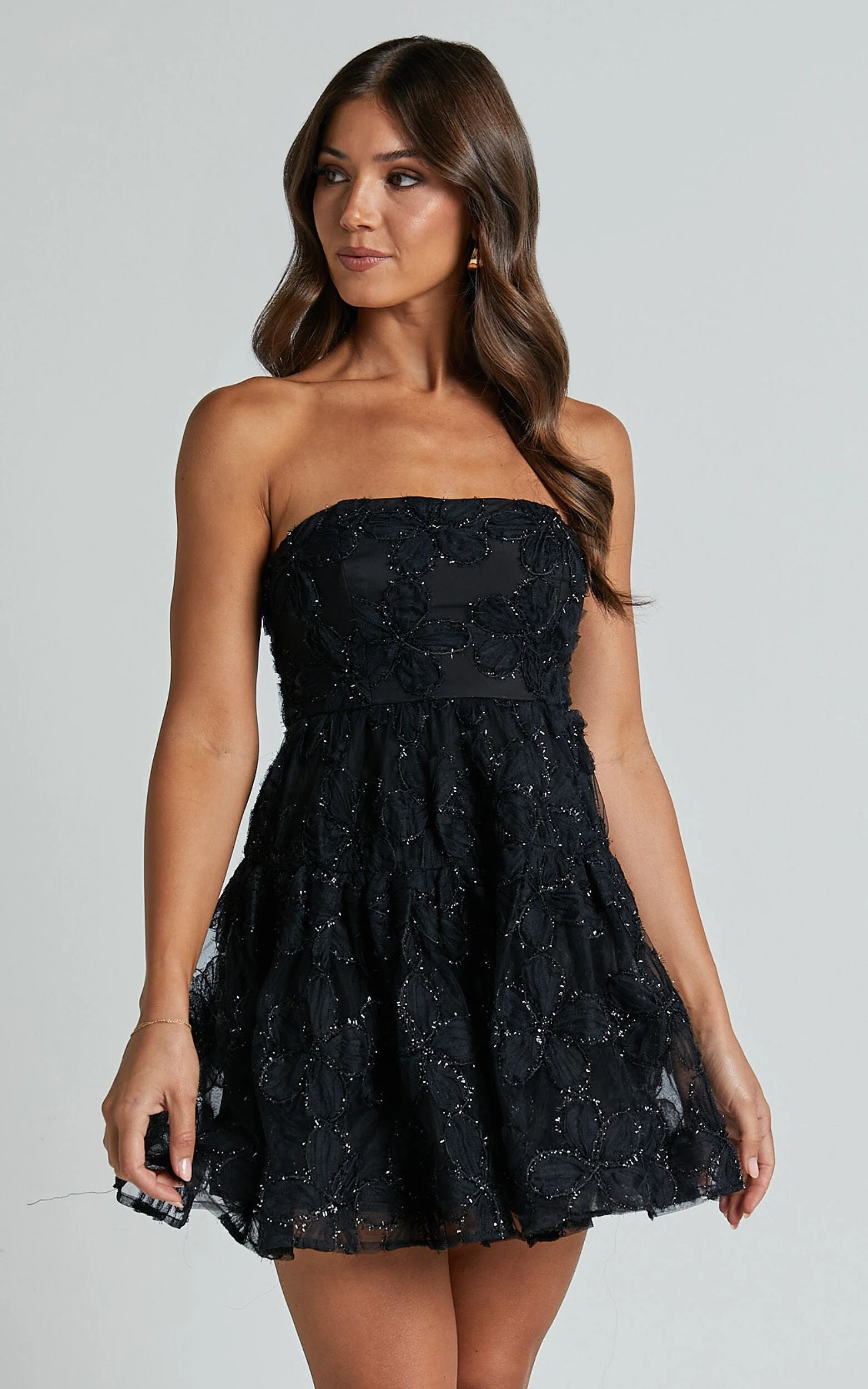 Marzy Mini Dress - Strapless Floral Detail Lace Fit and Flare Dress in Black