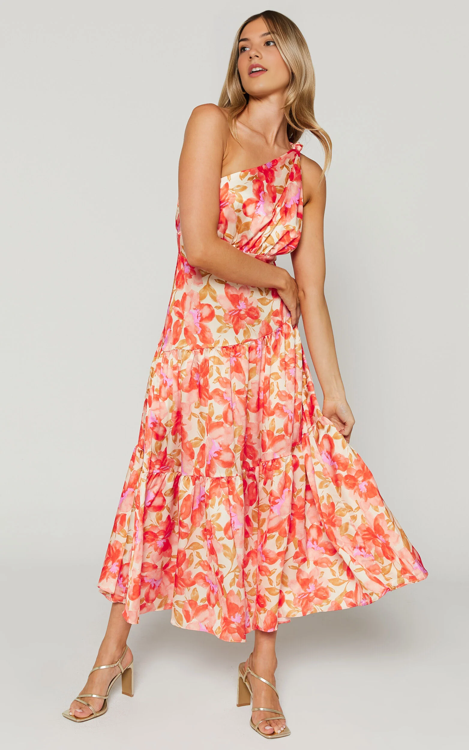 Georgine One-Shoulder Floral Tiered Midi Dress – Autumn Bloom Edition