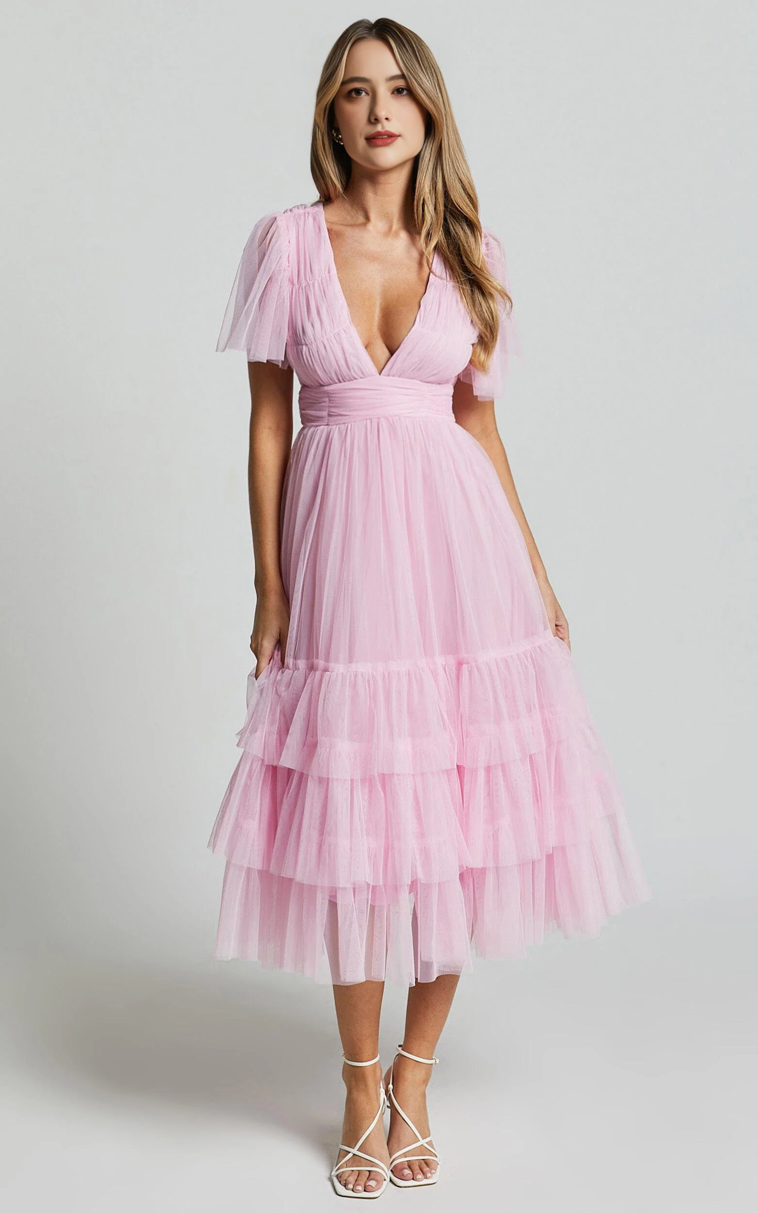 Flutter Sleeve Tulle Plunge Midi Dress in Ballet Pink