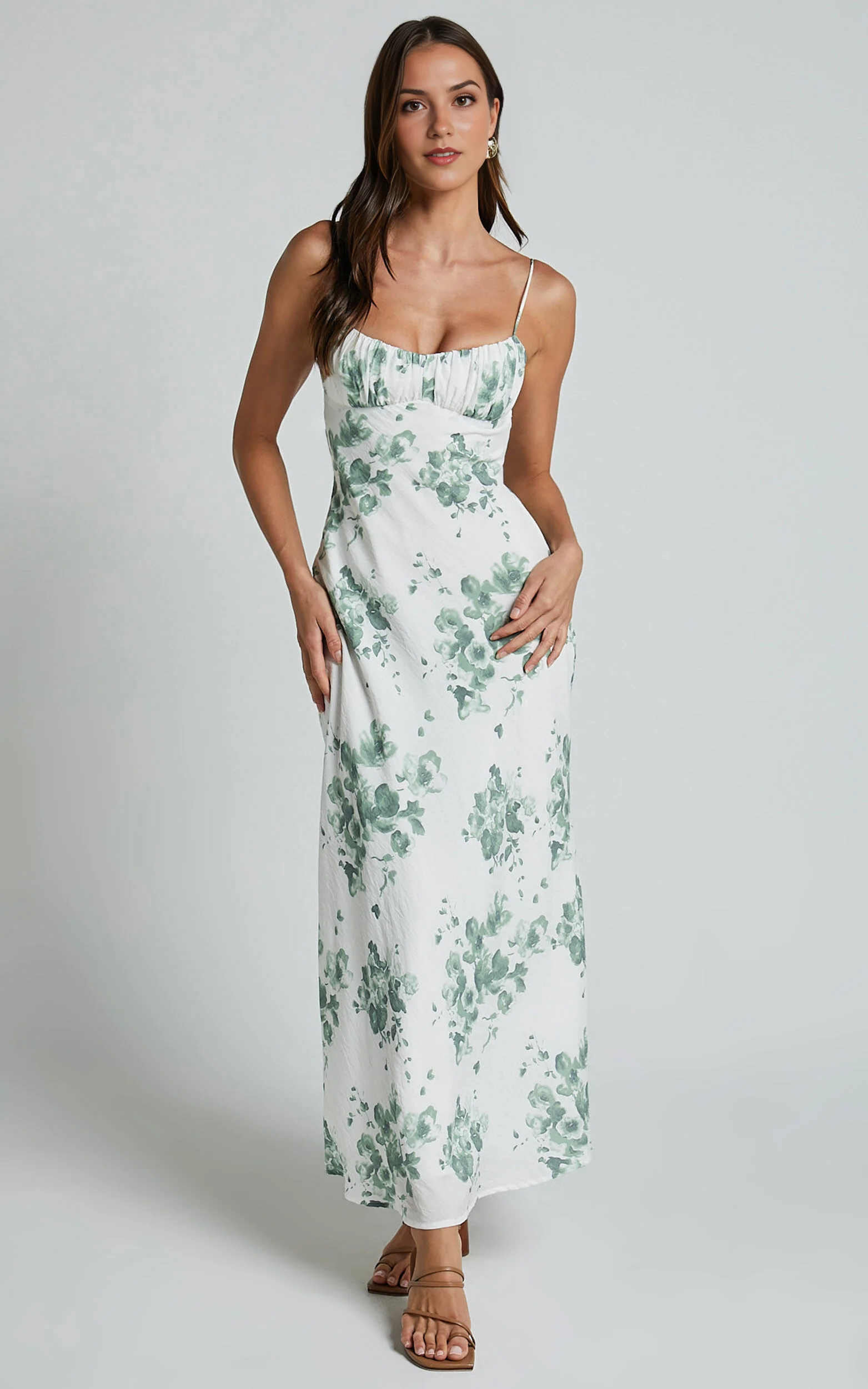 Bettina Midi Dress – Green & White Printed Slip Dress with Ruched Bust & Strappy Detail