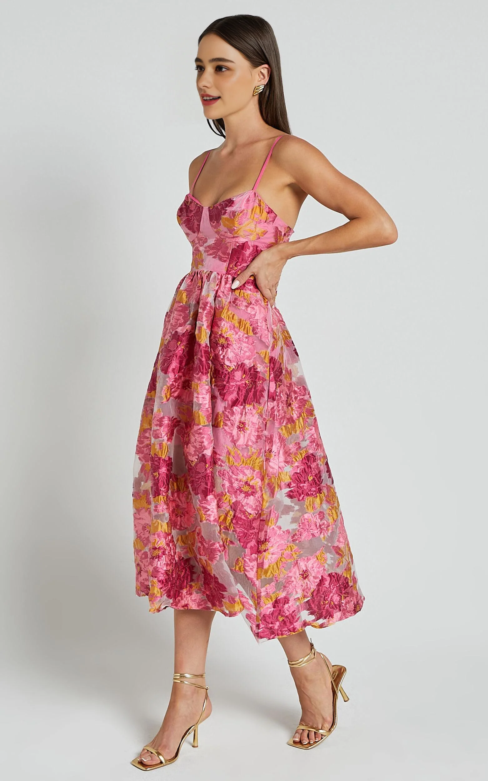 A-Line Corset Detail Midi Dress in Light Pink