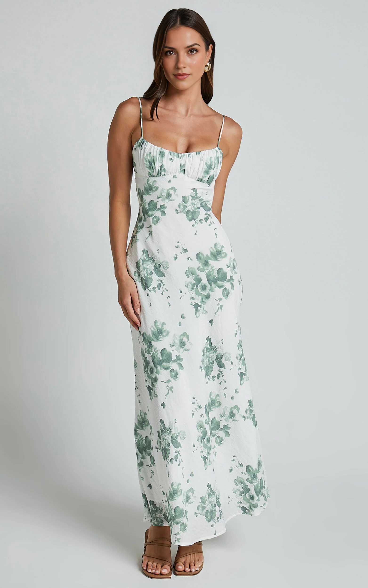Bettina Midi Dress – Green & White Printed Slip Dress with Ruched Bust & Strappy Detail