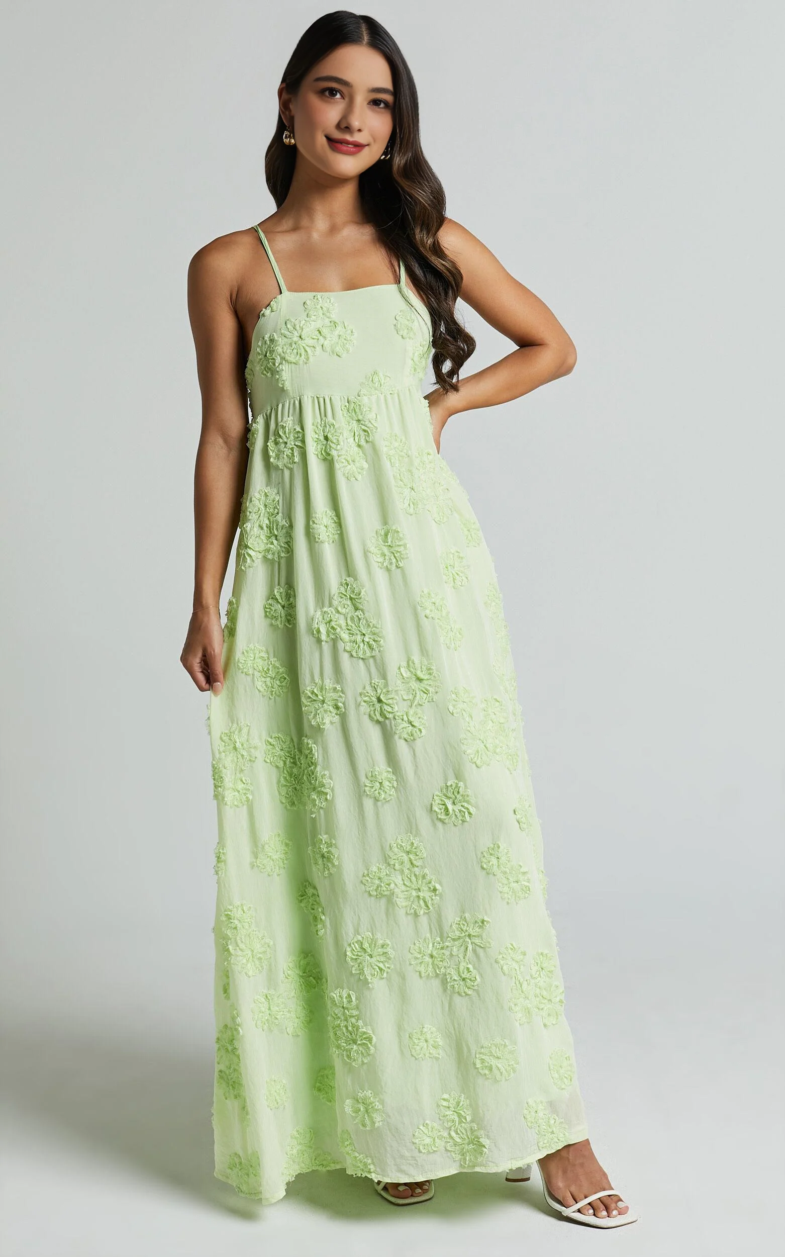 Floral Maxi Dress - Sleeveless V-Neck Summer Dress in Lime