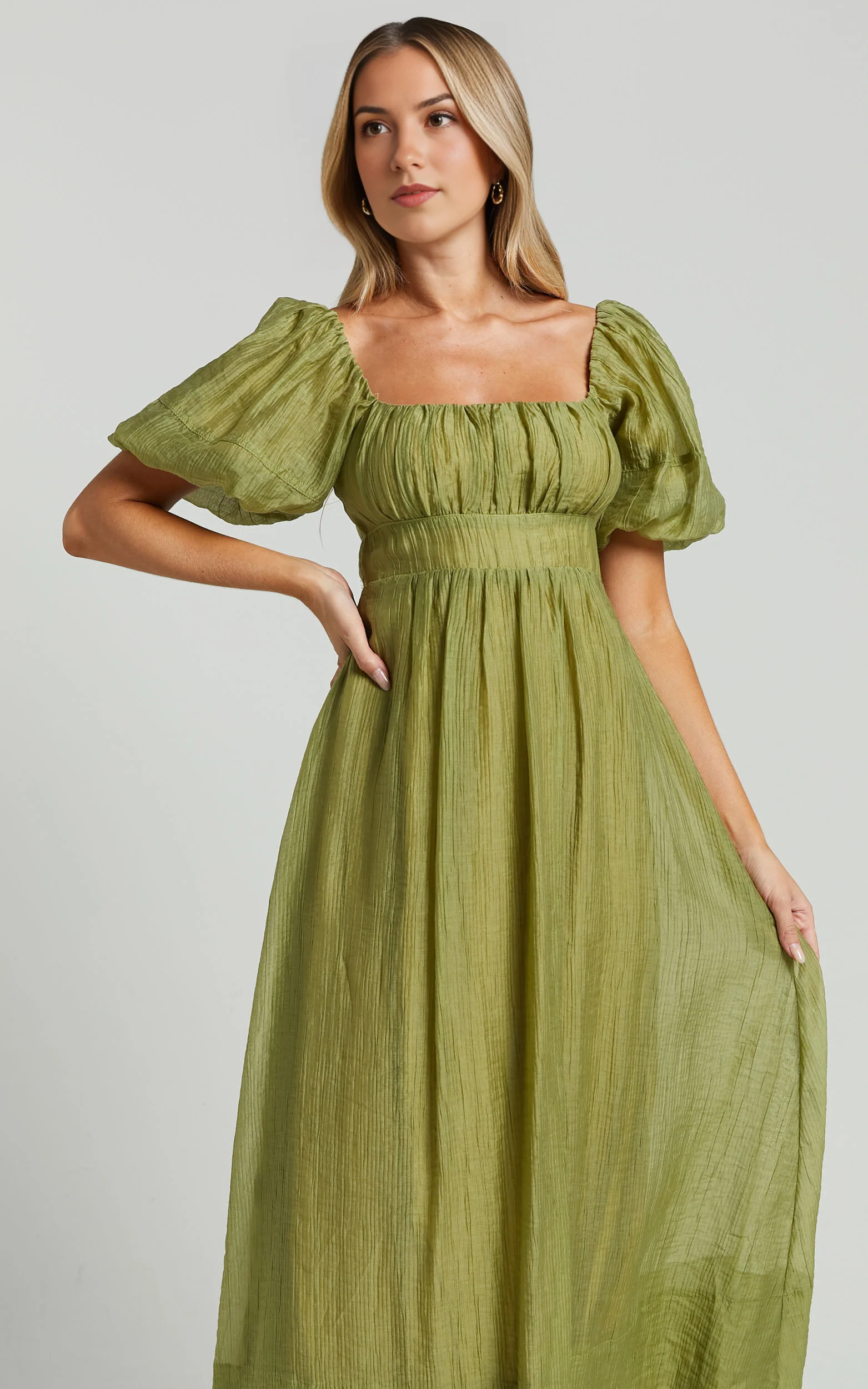 Roshina Midi Dress – Olive Straight Neck Puff Sleeve Dress