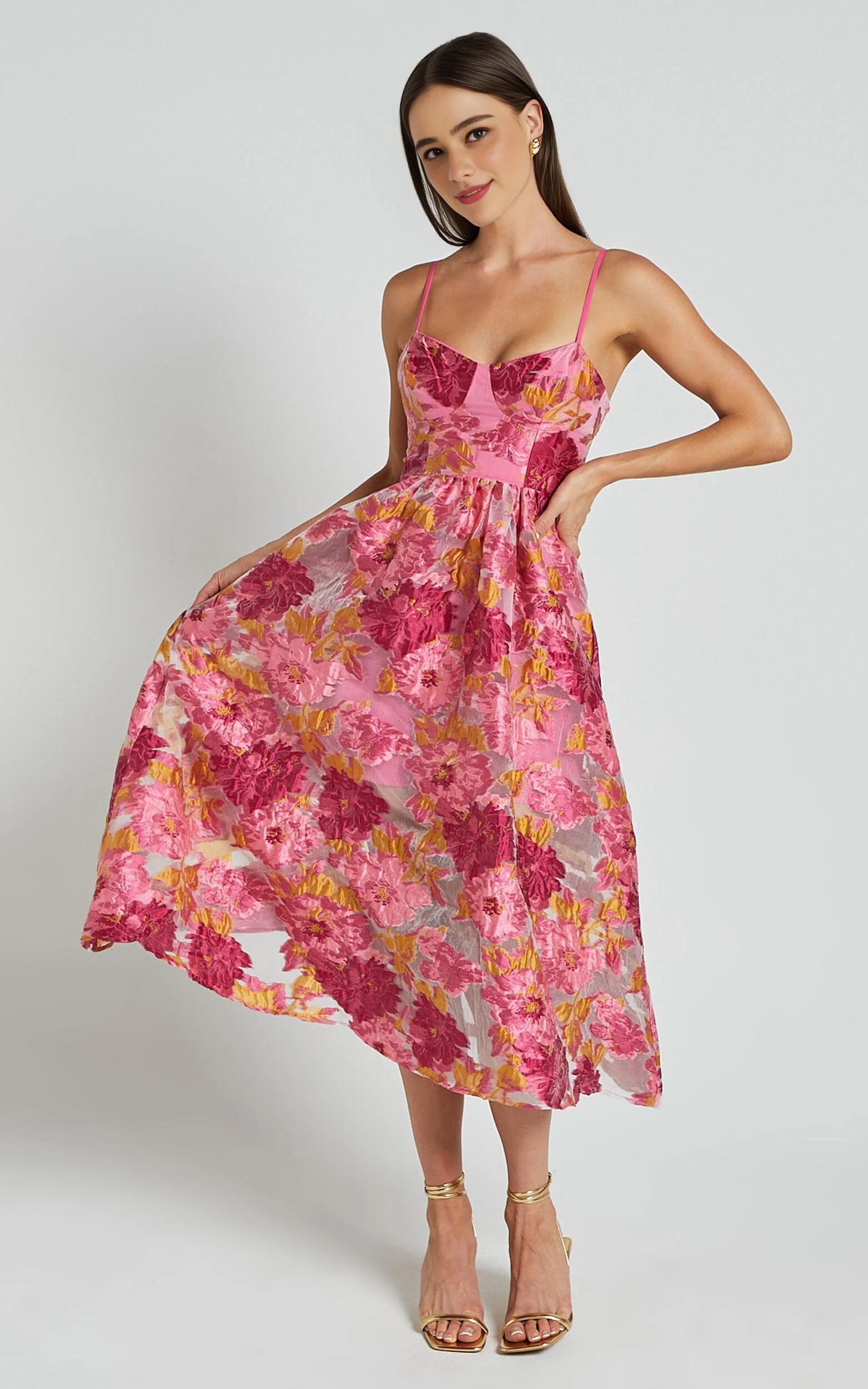 A-Line Corset Detail Midi Dress in Light Pink