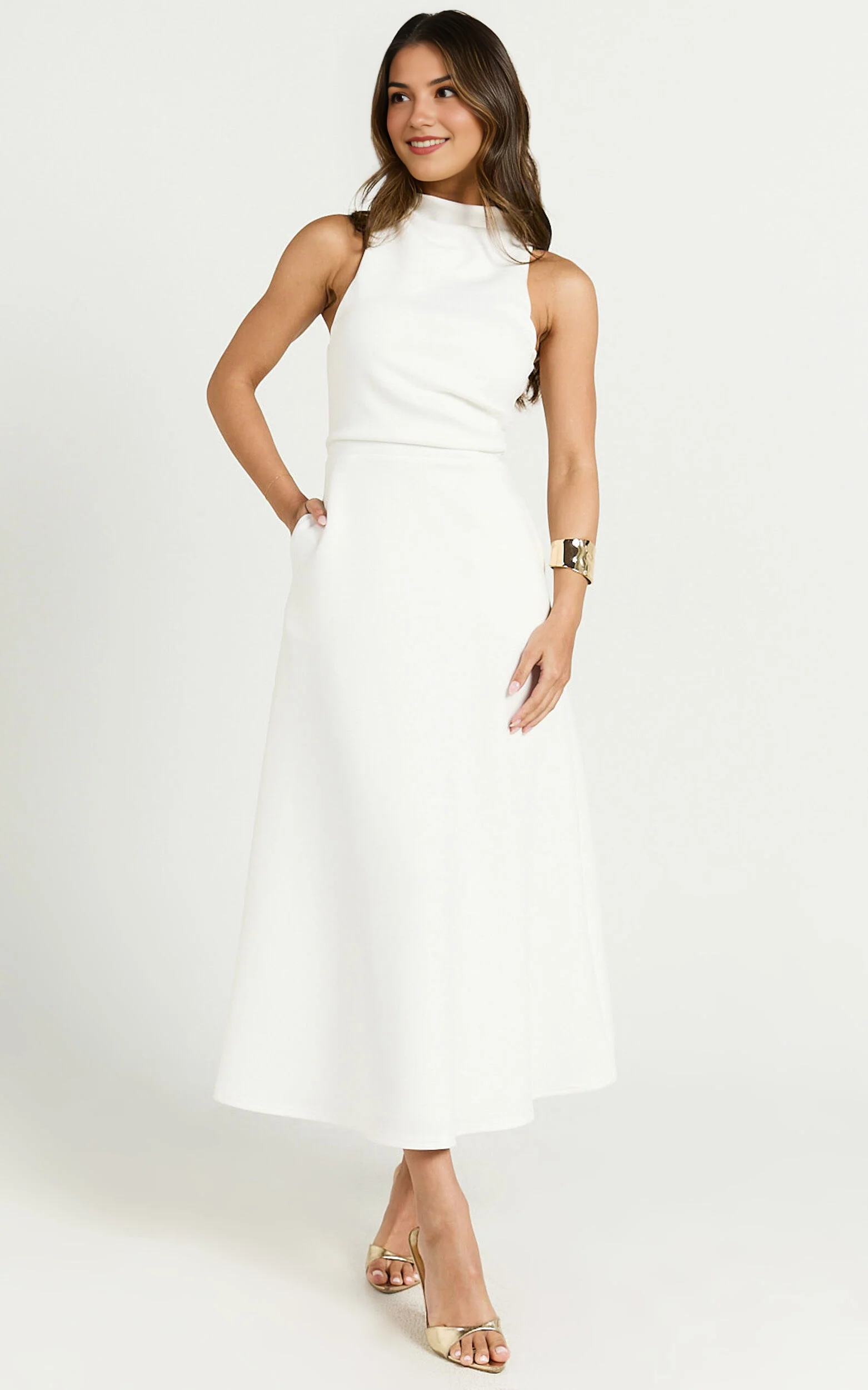 Macy Midi Dress – Sleeveless High-Neck A-Line Dress in Off White